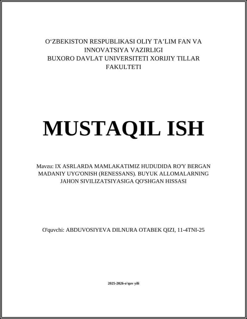 IX ASRLARDA MAMLAKATIMIZ HUDUDIDA RO'Y BERGAN MADANIY UYG'ONISH (RENESSANS) 1