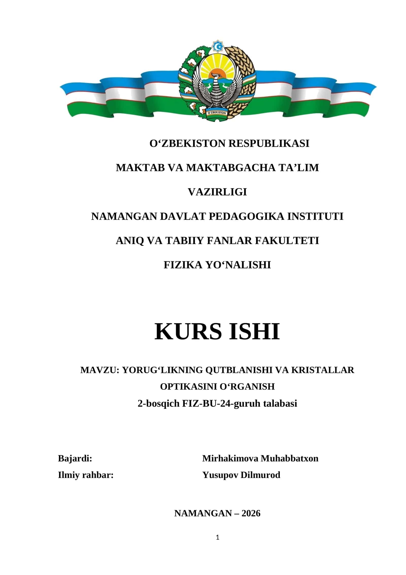 YORUG‘LIKNING QUTBLANISHI VA KRISTALLAR OPTIKASINI O‘RGANISH 1