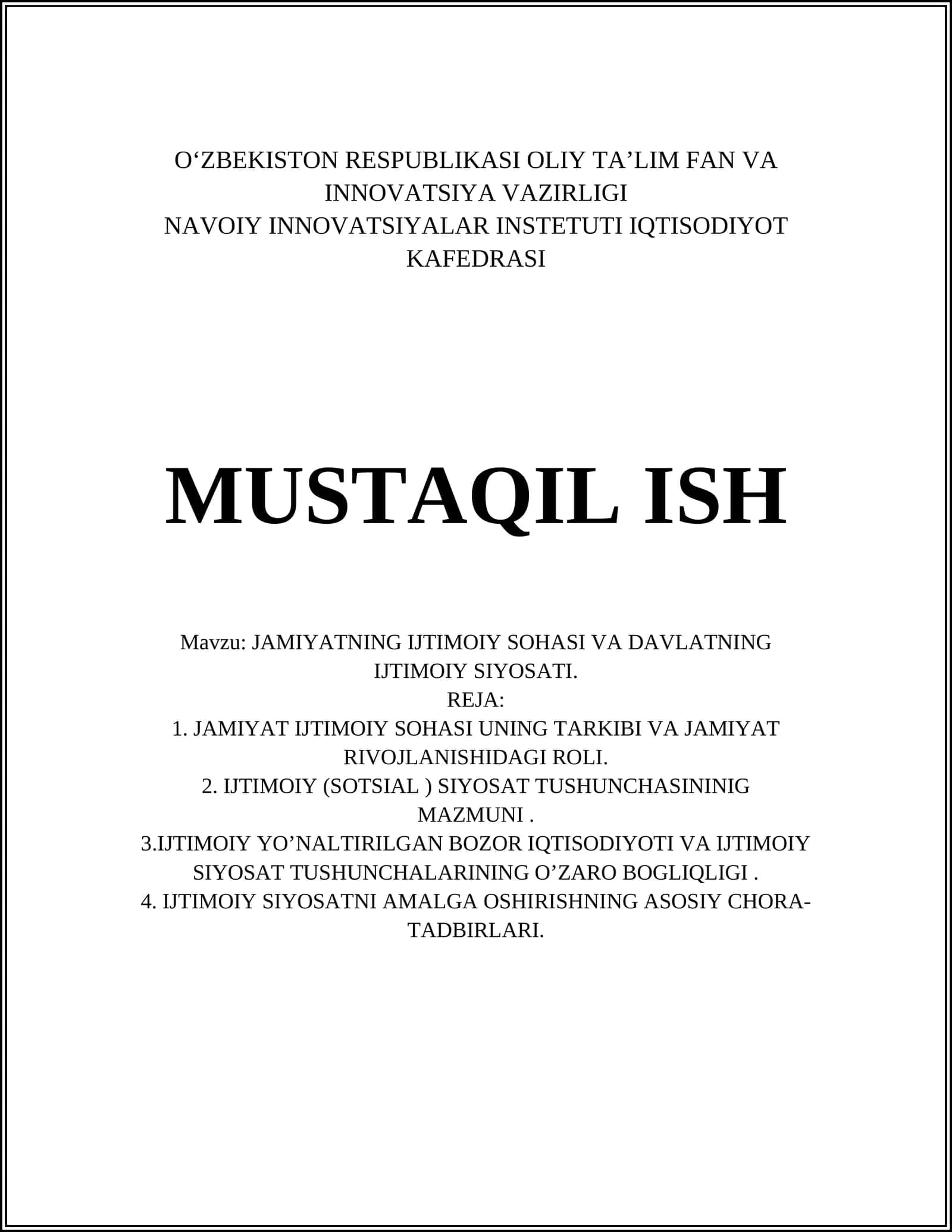 JAMIYATNING IJTIMOIY SOHASI VA DAVLATNING IJTIMOIY SIYOSATI 1