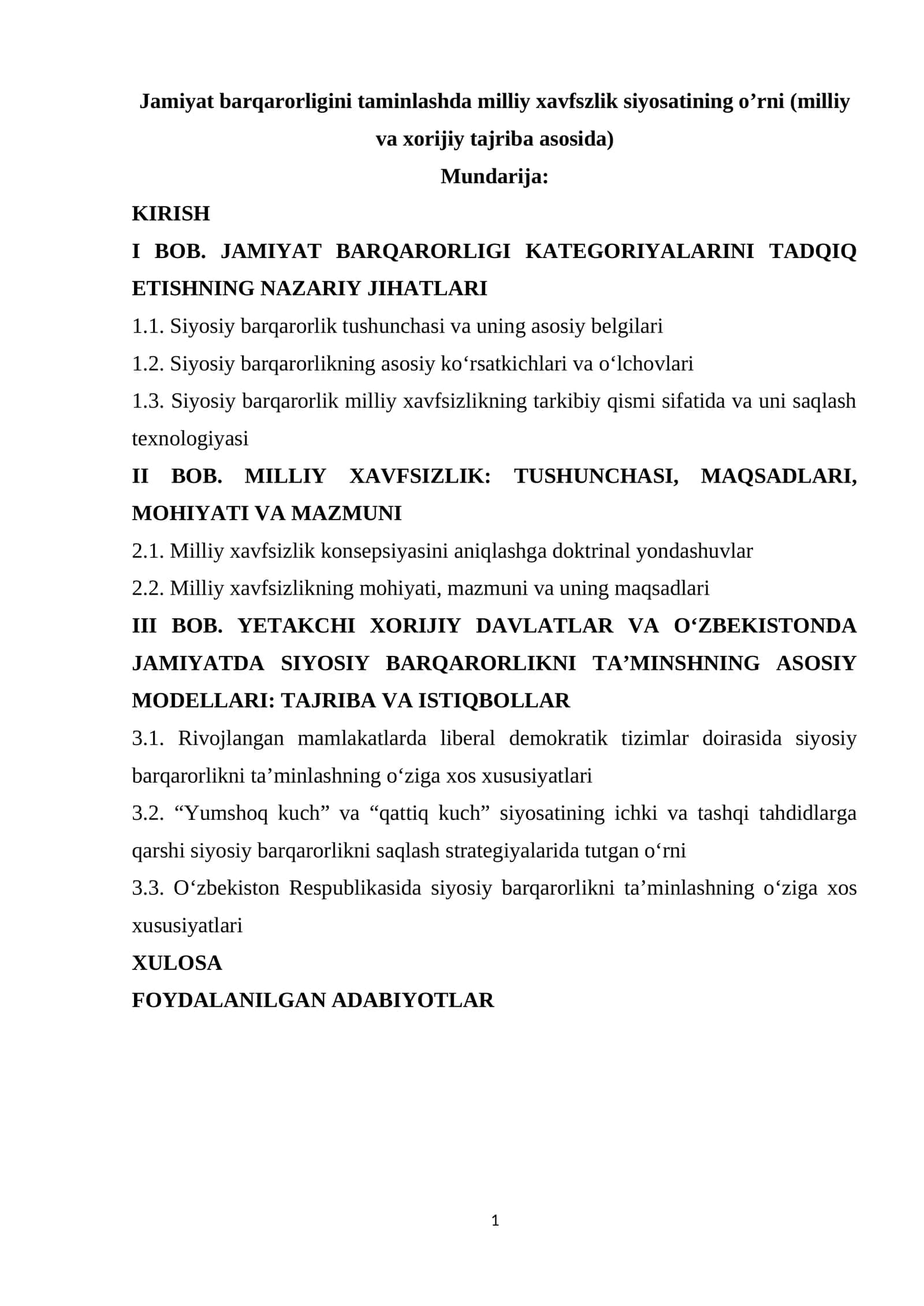 Jamiyat barqarorligini taminlashda milliy xavfszlik siyosatining oʼrni (milliy va xorijiy tajriba asosida) 1