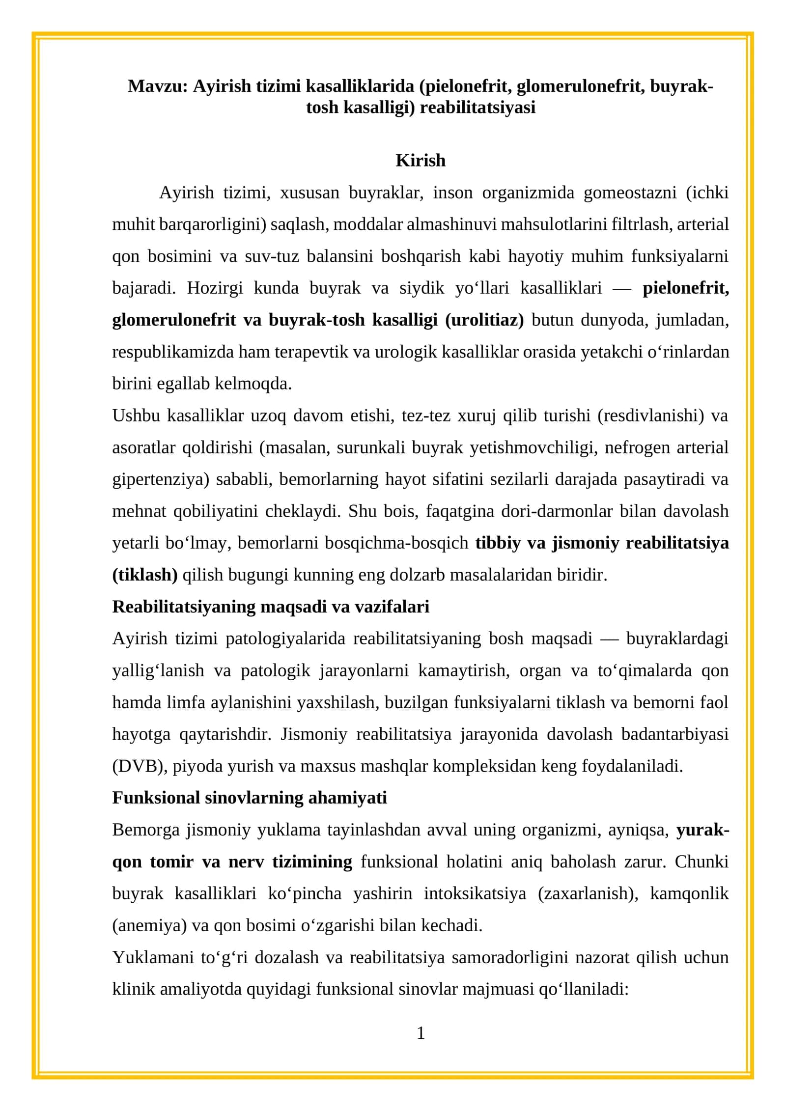 Ayirish tizimi kasalliklarida (pielonefrit, glomerulonefrit, buyrak-tosh kasalligi) reabilitatsiyasi 1