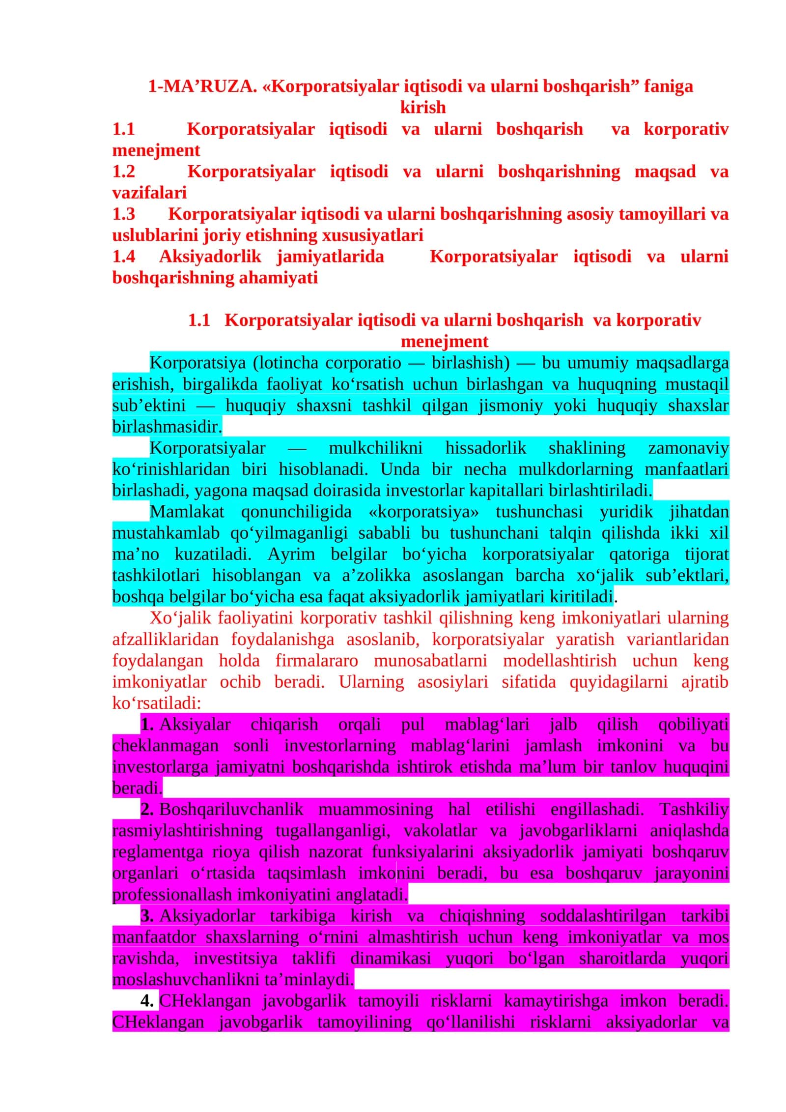 Korporatsiyalar iqtisodi va ularni boshqarish 1