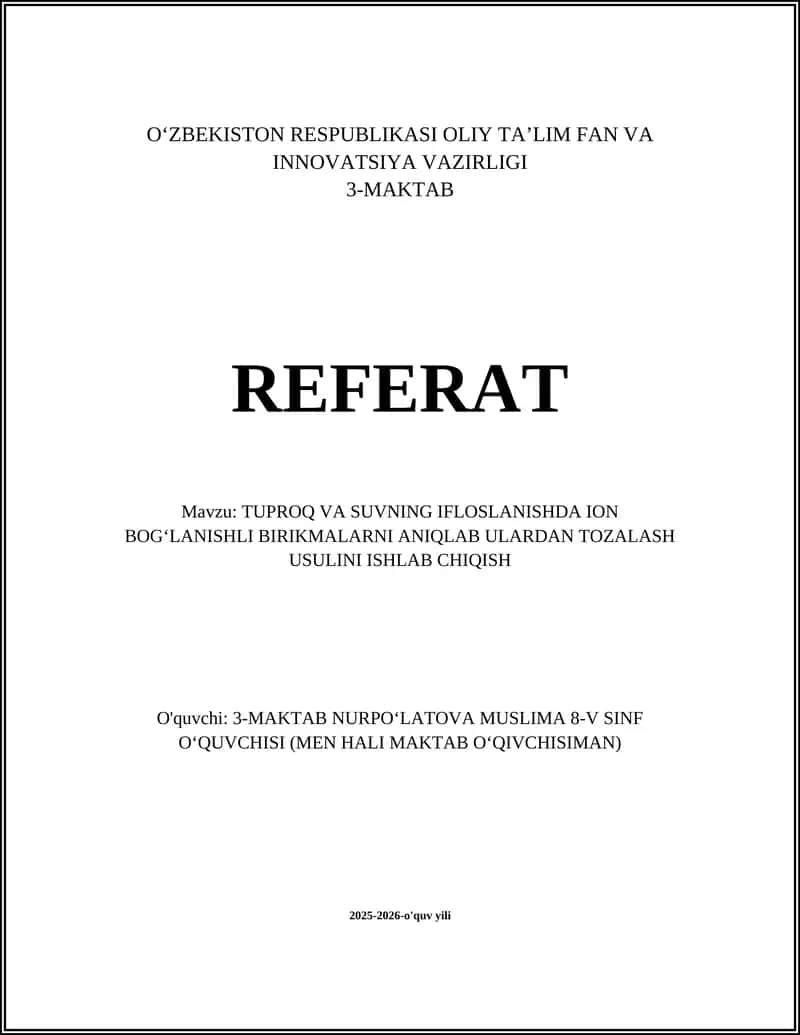 Tuproq va suvdagi ion bogʻlanishli ogʻir metallarni (Pb, Cd, Cu) aniqlash usullari 1