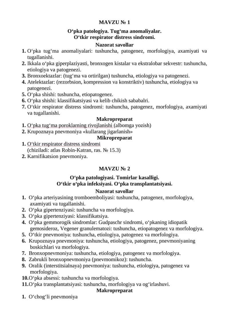 O‘pka patologiya. Tug‘ma anomaliyalar. O‘tkir respirator distress sindromi 1