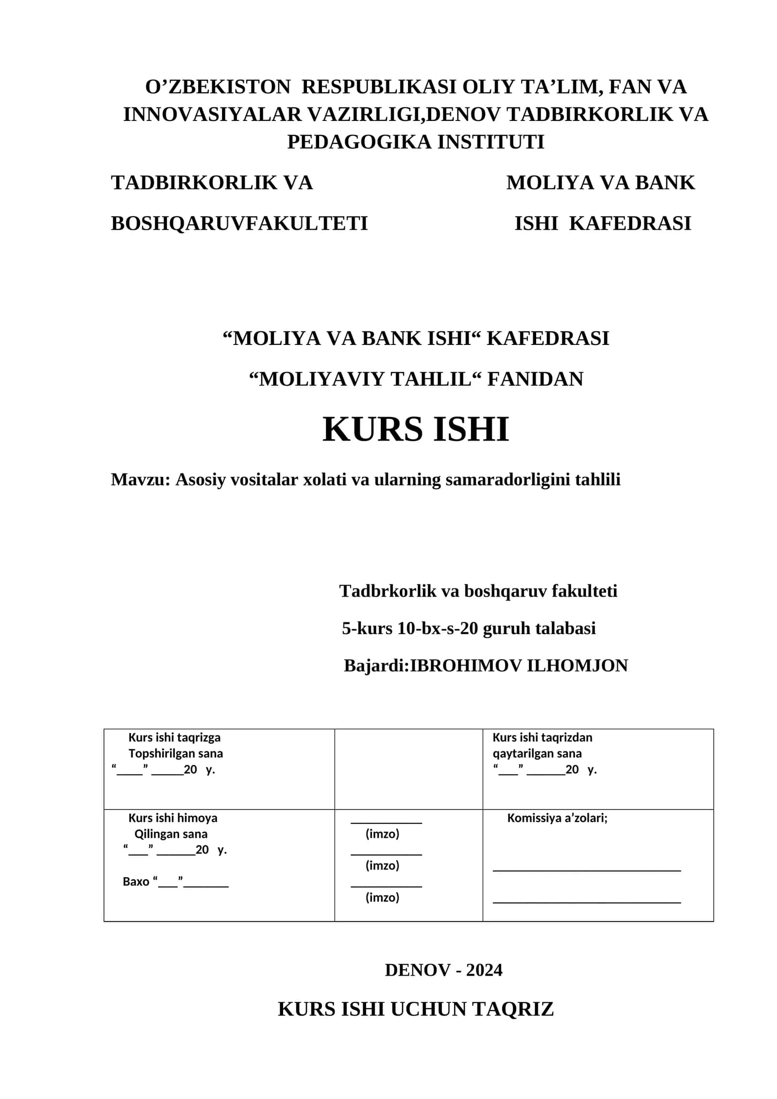 Asosiy vositalar holati va ularning samaradorligini tahlili 1