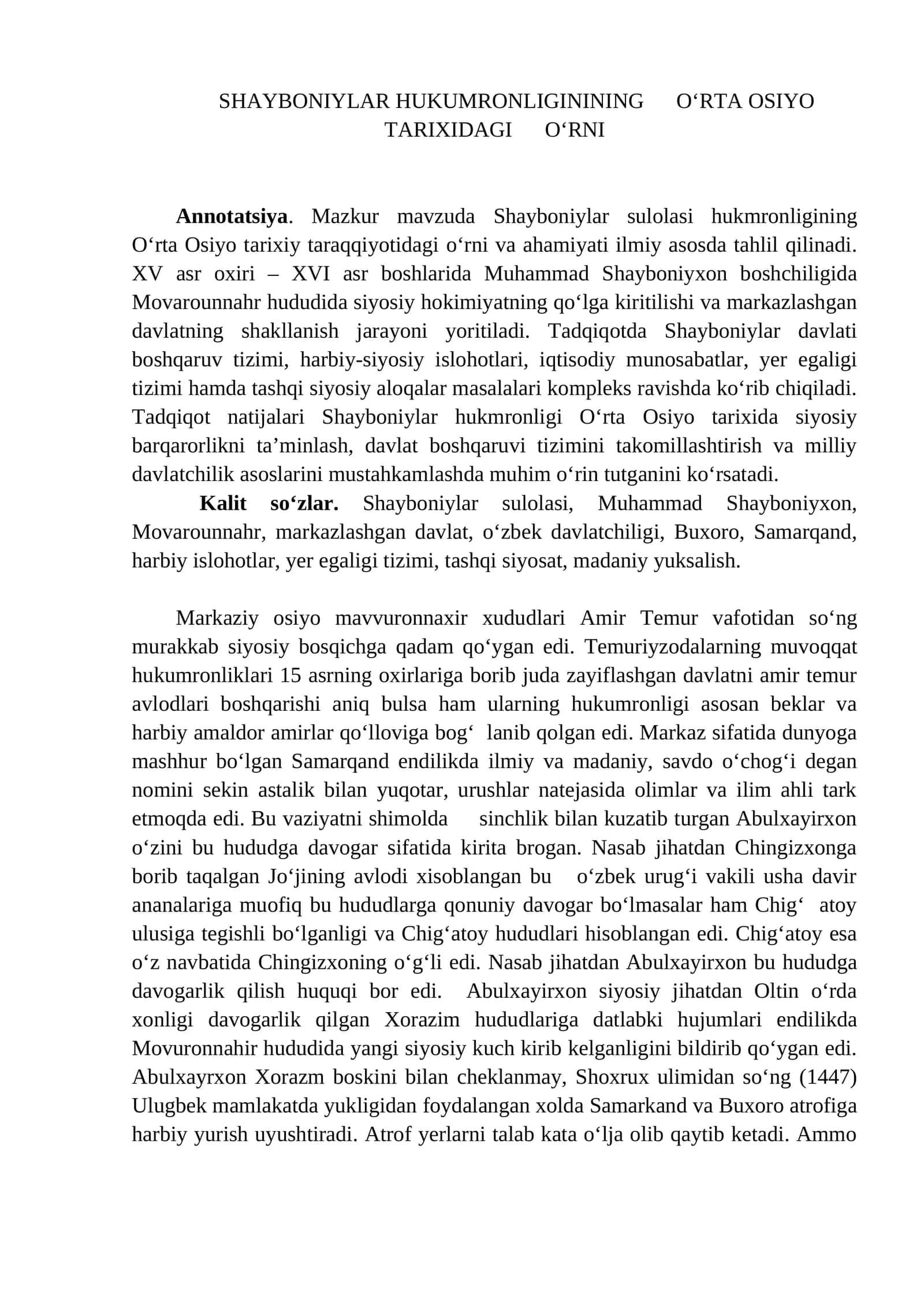 shayboniylar hukmronligining oʻrta Osiyo tarixida oʻrni 1