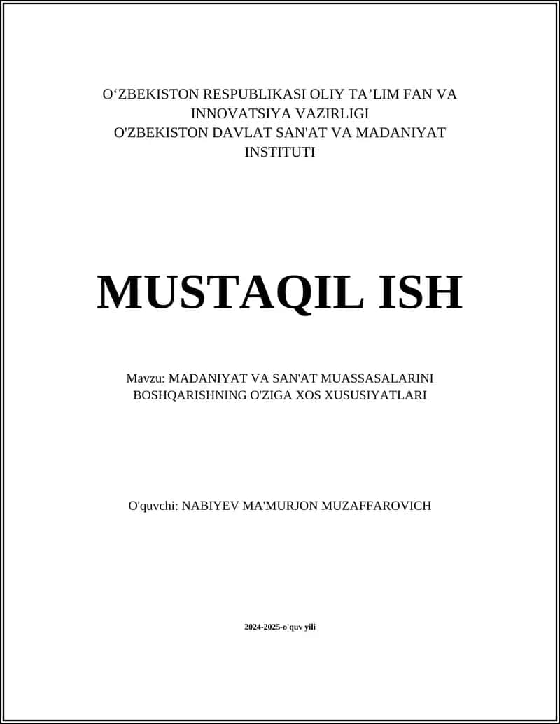 Madaniyat va San'at Muassasalarini Boshqarishning O'ziga Xos Xususiyatları 1