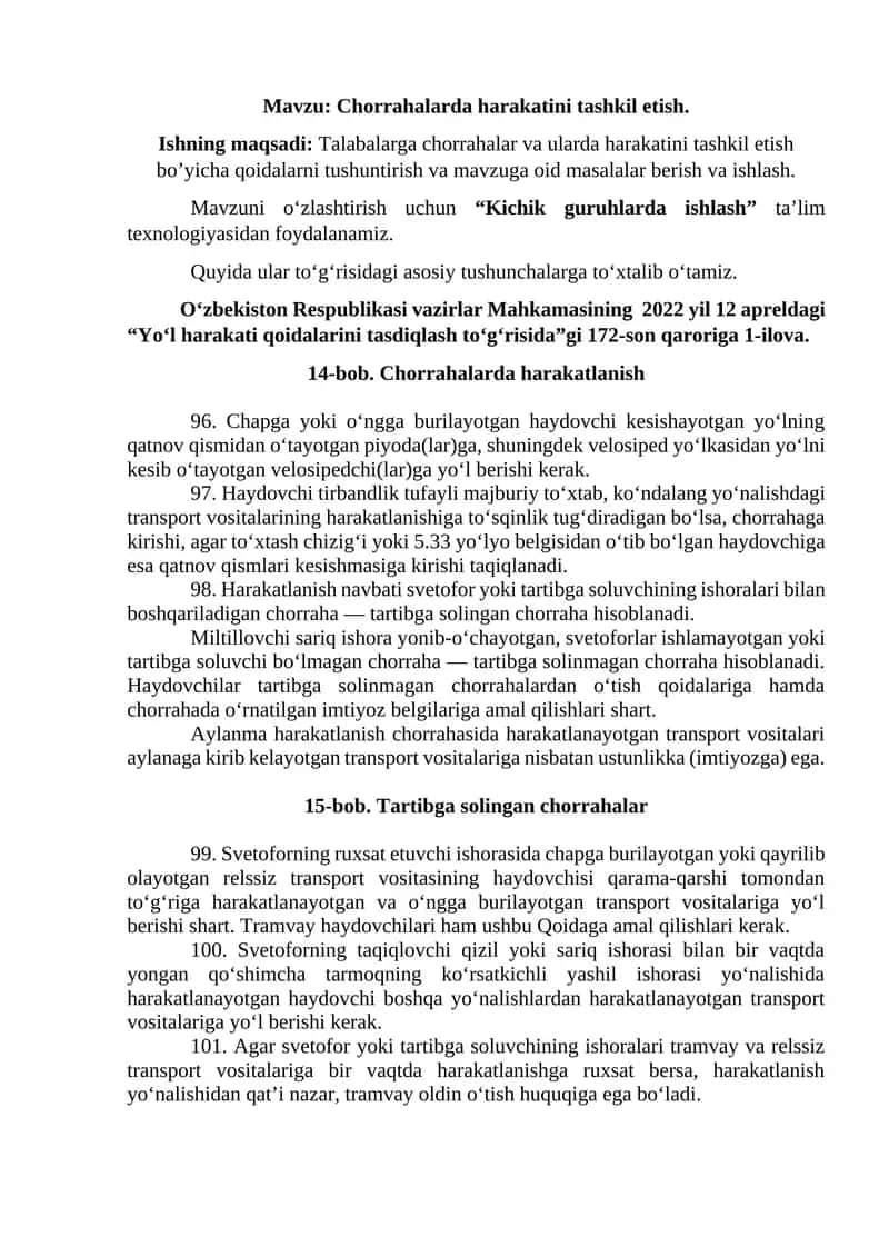 Chorrahalarda harakatini tashkil etish. 1