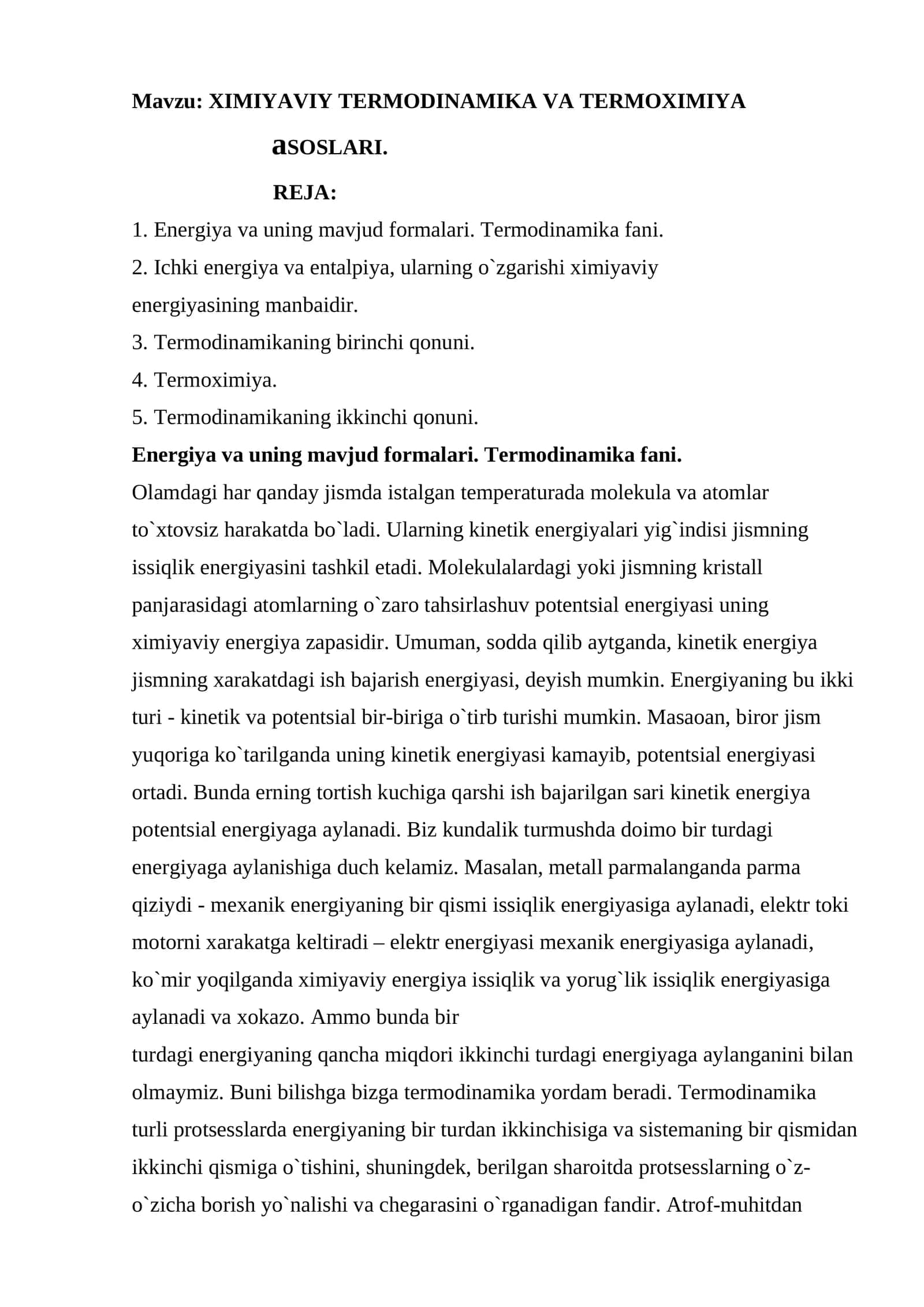 XIMIYAVIY TЕRMОDINАMIKА VА TЕRMОXIMIYA aSОSLАRI 1