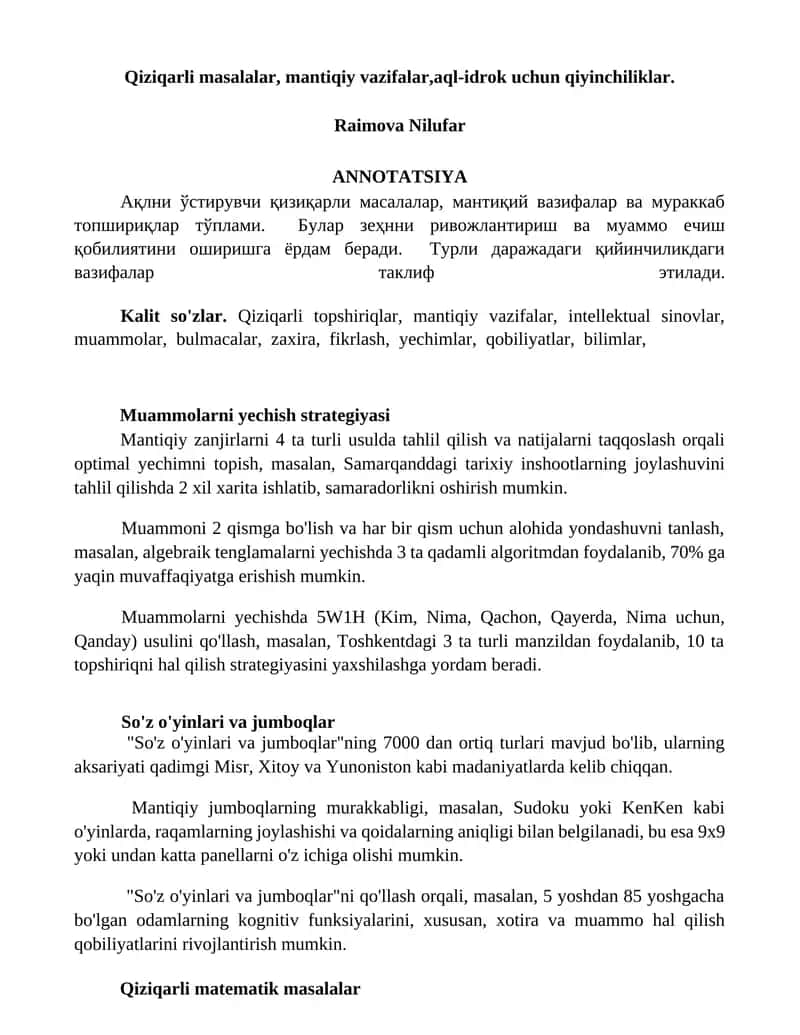 Qiziqarli masalalar, mantiqiy vazifalar 1