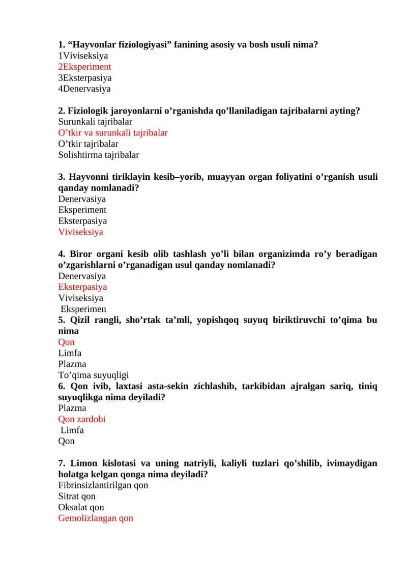 “Hayvonlar fiziologiyasi” fanining asosiy va bosh usuli nima? 1