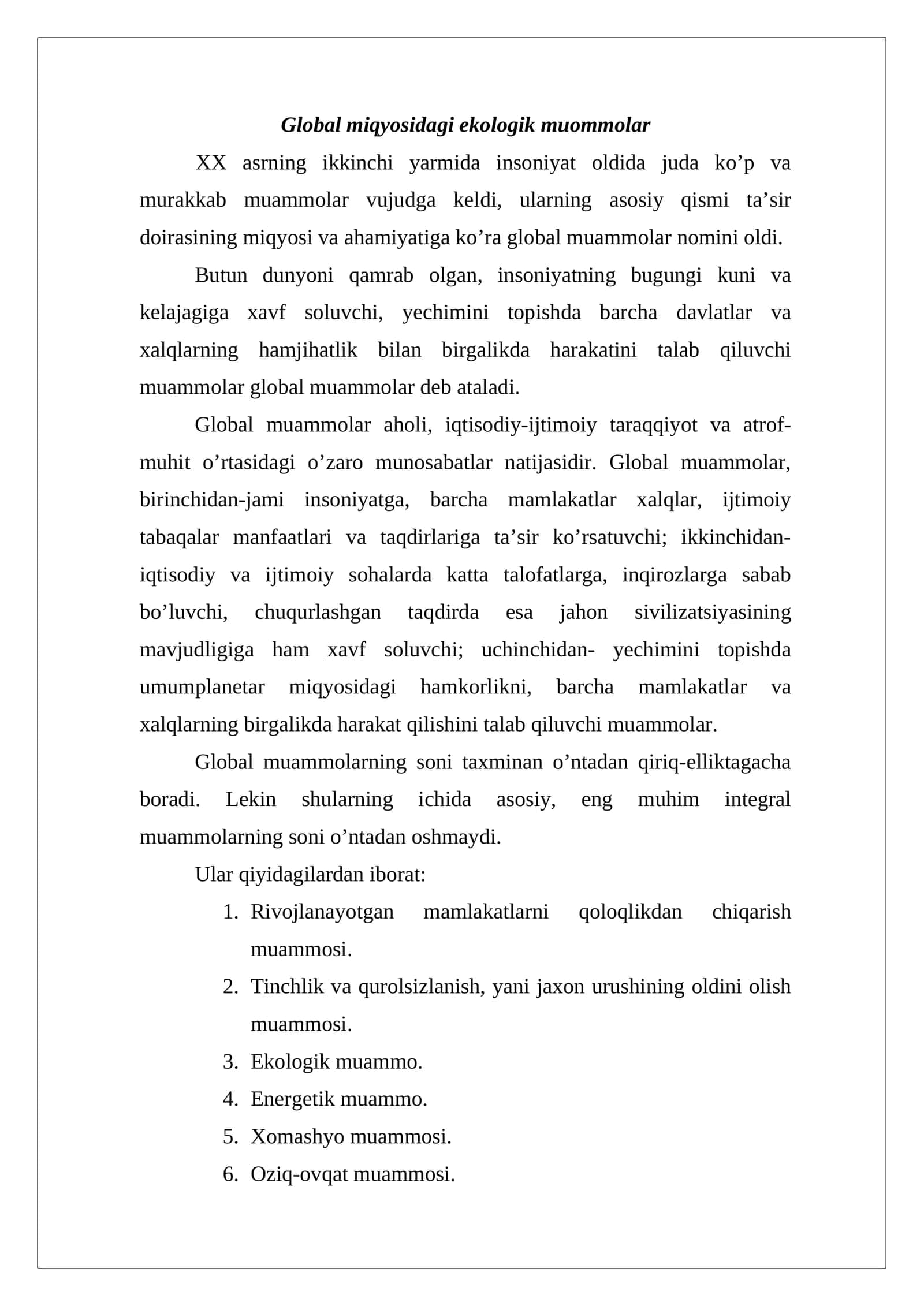 Global miqyosidagi ekologik muommolar 1