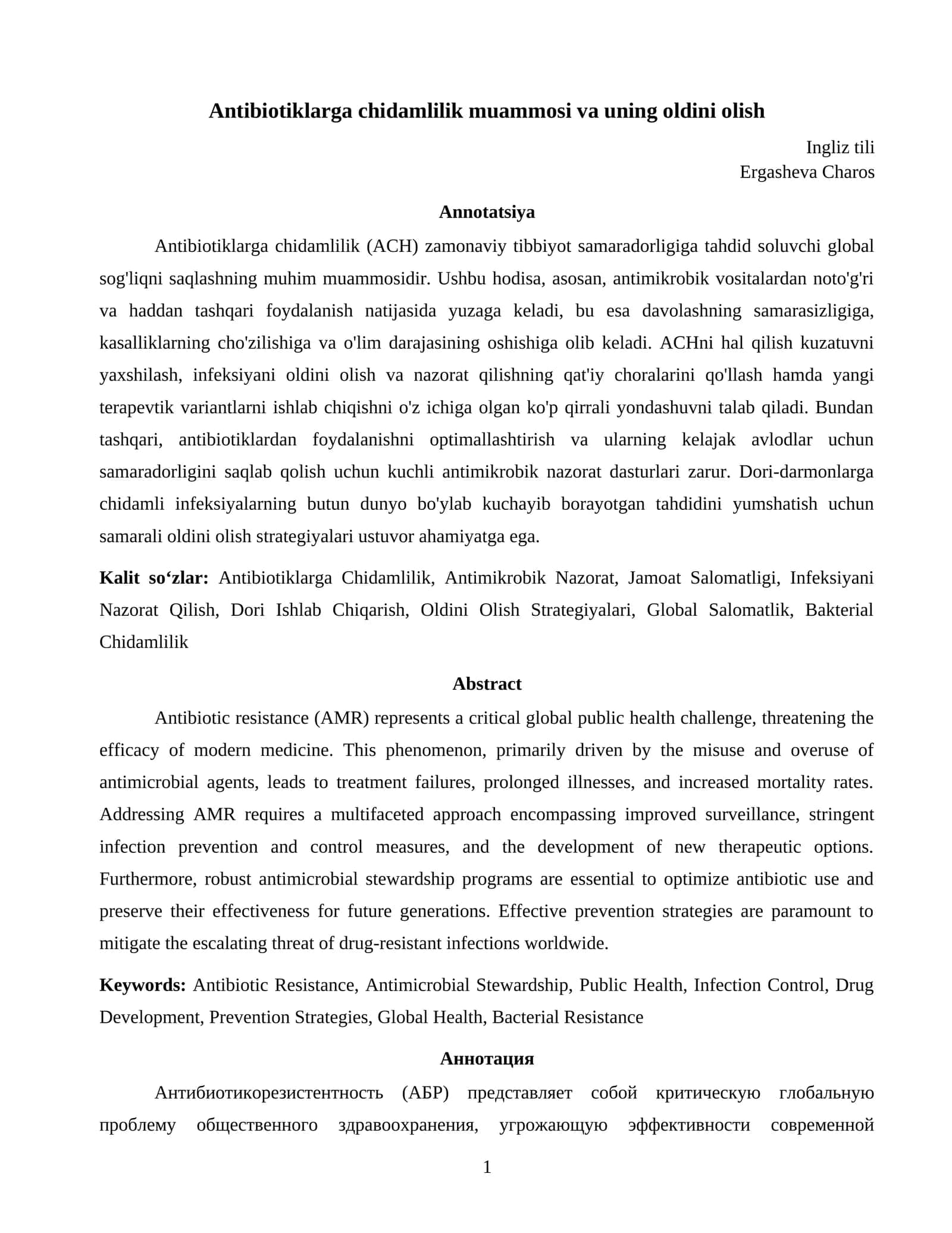 Antibiotiklarga chidamlilik muammosi va uning oldini olish 1