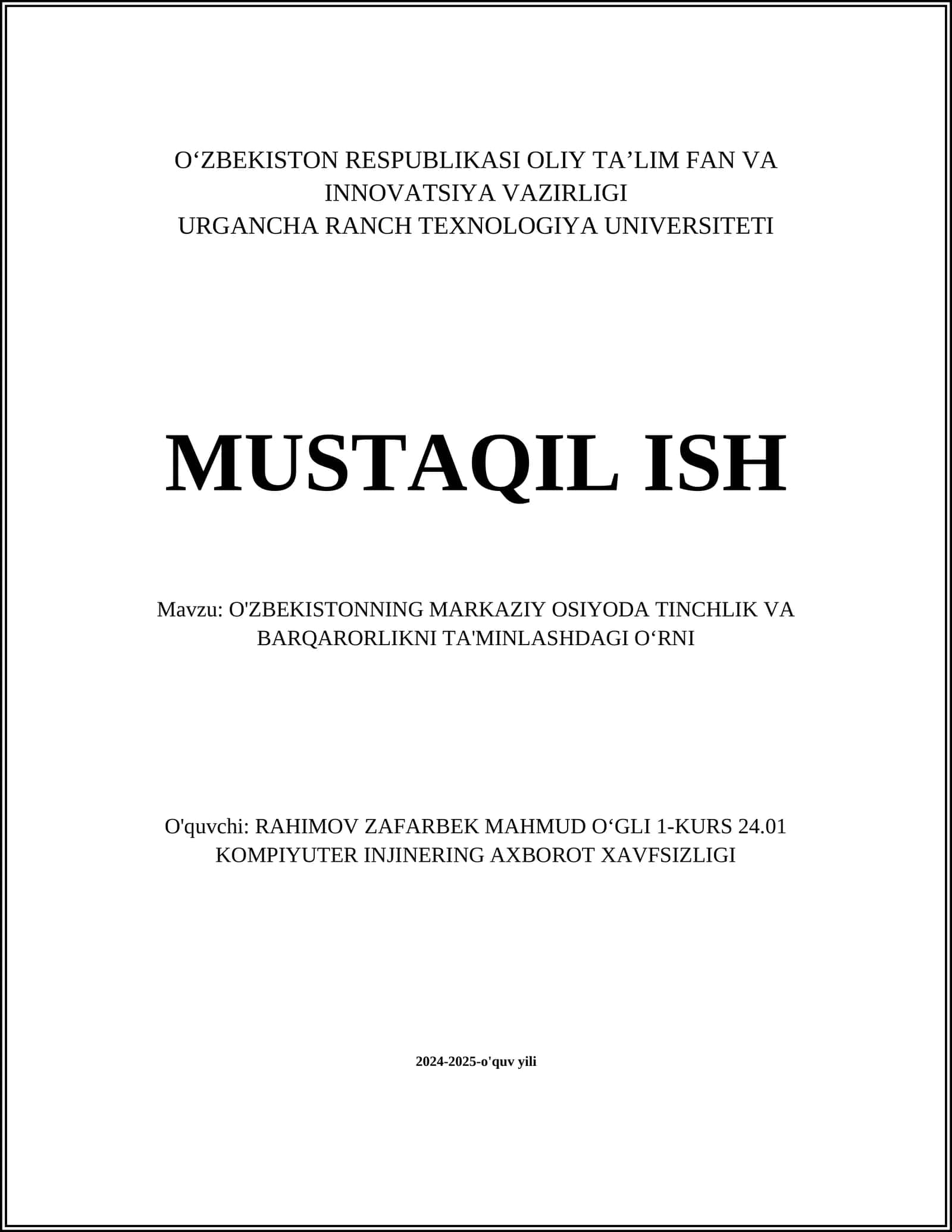 O'ZBEKISTONNING MARKAZIY OSIYODA TINCHLIK VA BARQARORLIKNI TA'MINLASHDAGI O'RNI 1