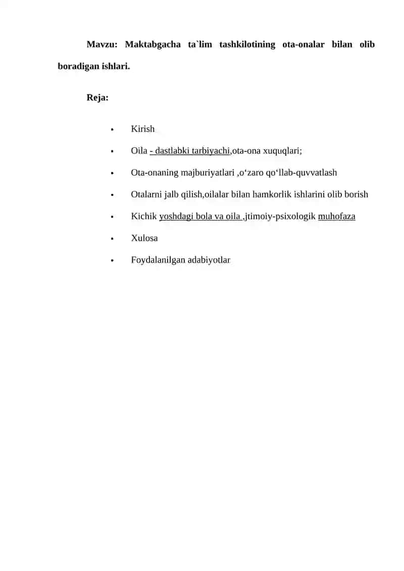 Maktabgacha ta`lim tashkilotining ota-onalar bilan olib boradigan ishlari