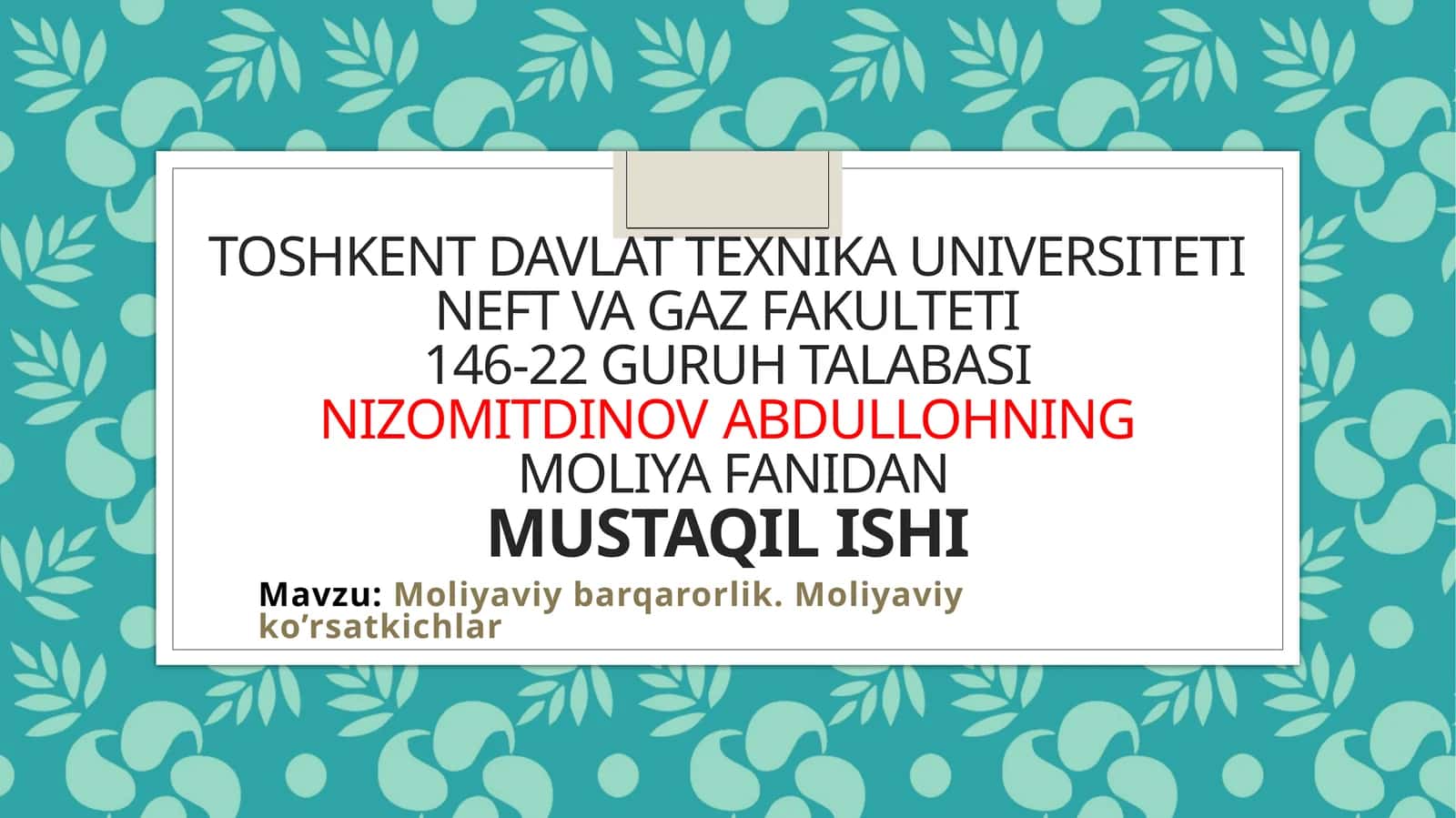 Moliyaviy barqarorlik. Moliyaviy ko’rsatkichlar 1
