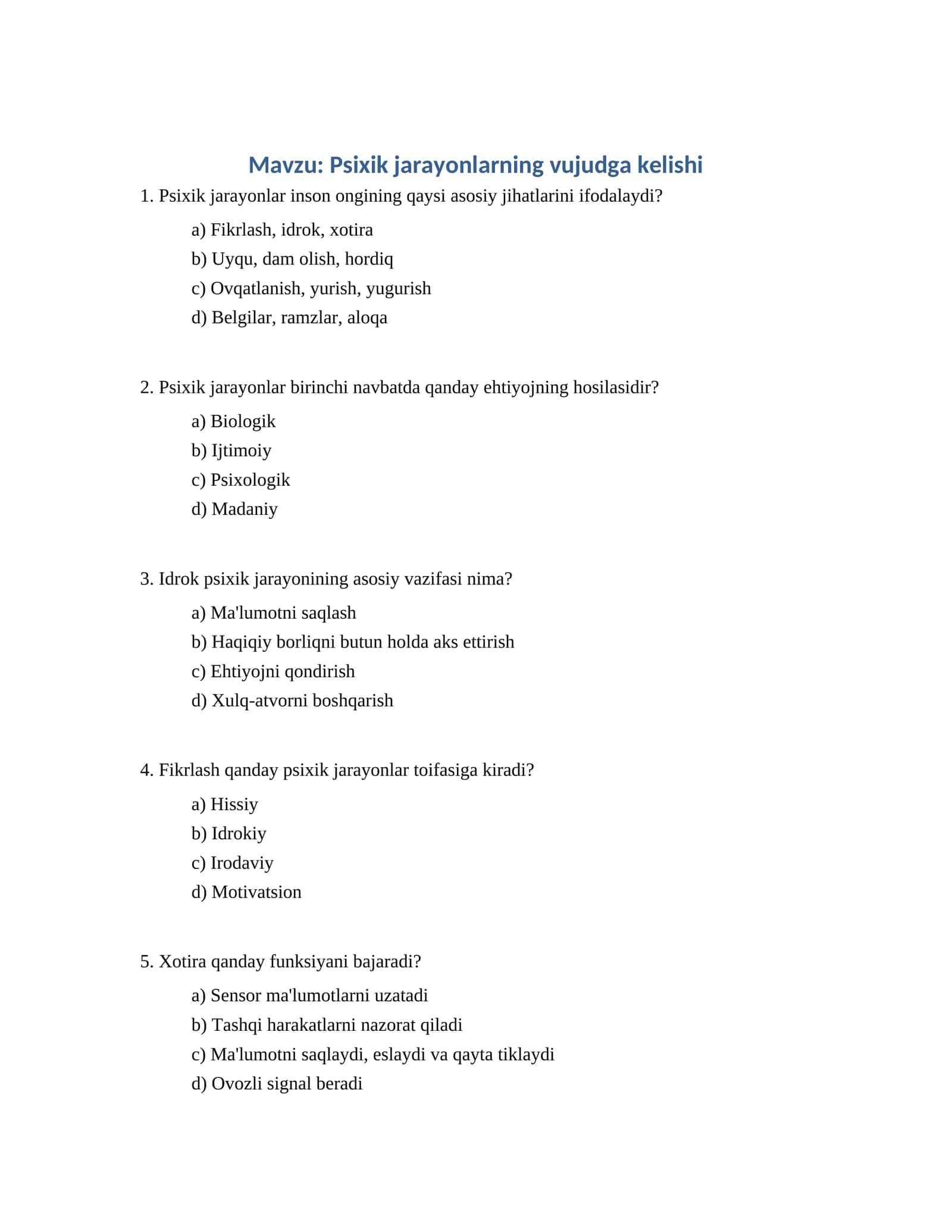 Psixik jarayonlarning vujudga kelishi 1
