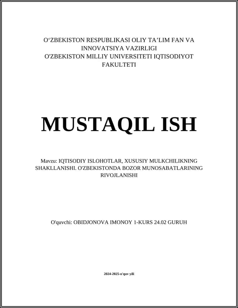 IQTISODIY ISLOHOTLAR, XUSUSIY MULKCHILIKNING SHAKLLANISHI 1
