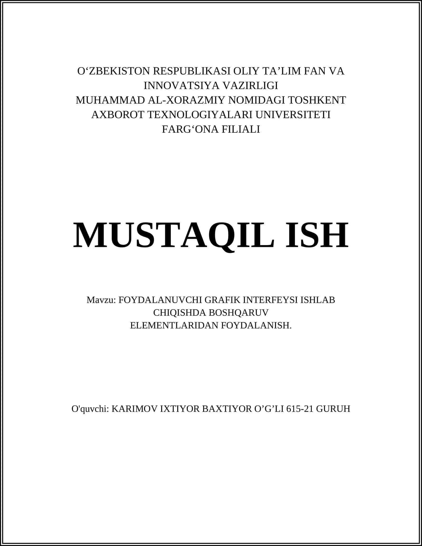 FOYDALANUVCHI GRAFIK INTERFEYSI ISHLAB CHIQISHDA BOSHQARUV ELEMENTLARIDAN FOYDALANISH 1