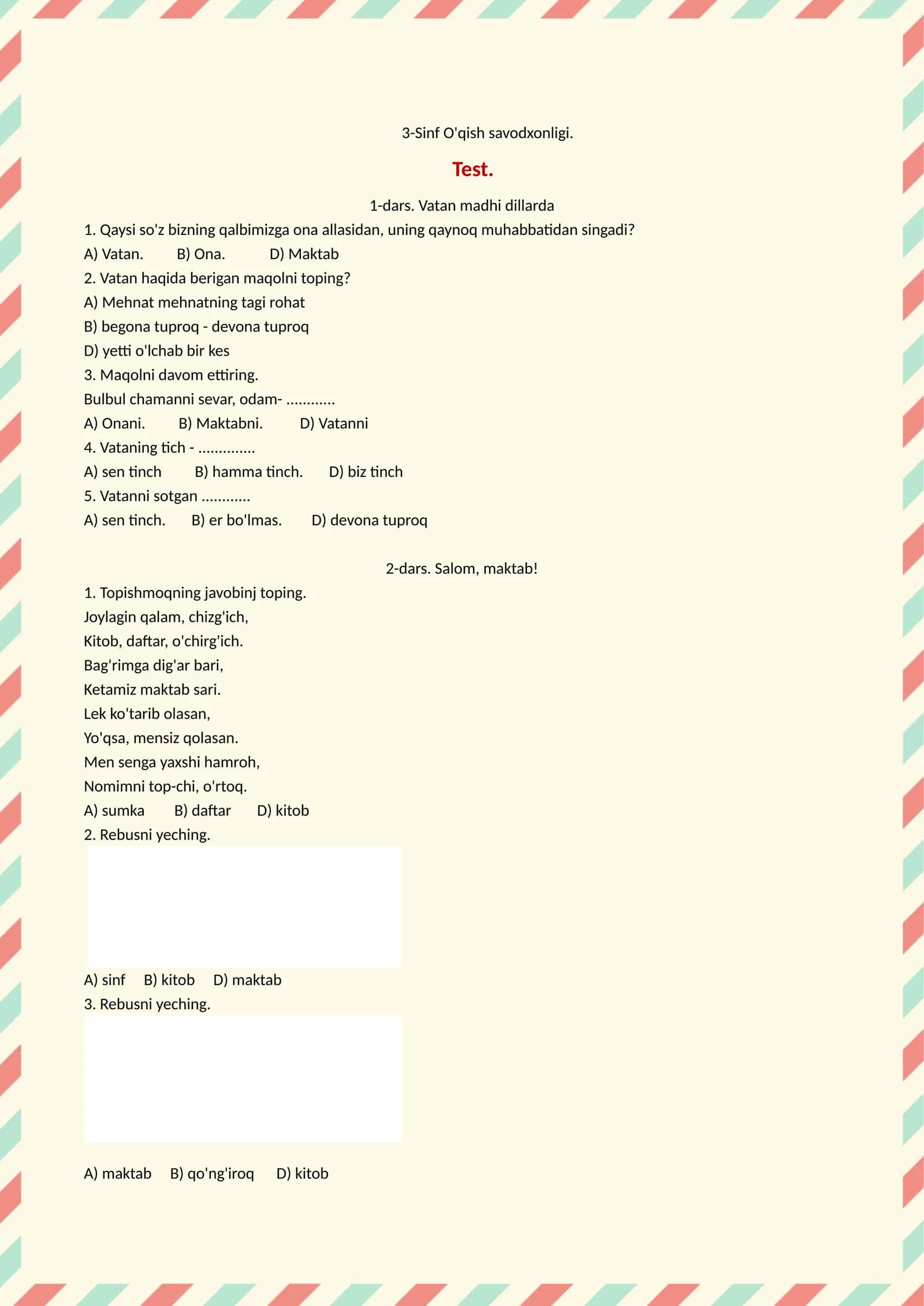 3-Sinf O'qish savodxonligi. Test 1