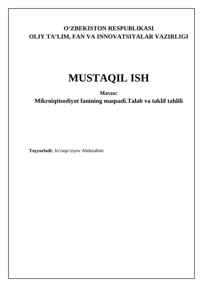 Mikroiqtisodiyotning asosiy tushunchalari va bozor mexanizmlari 1