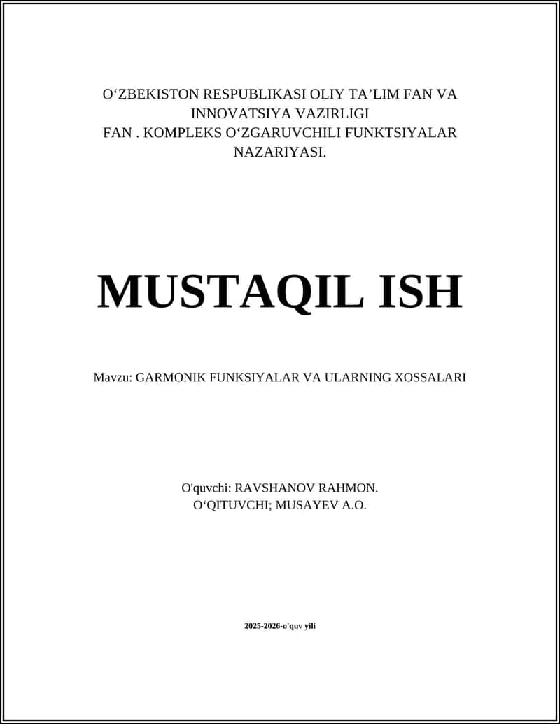 Garmonlik funksiyalar va ularning xossalari 1