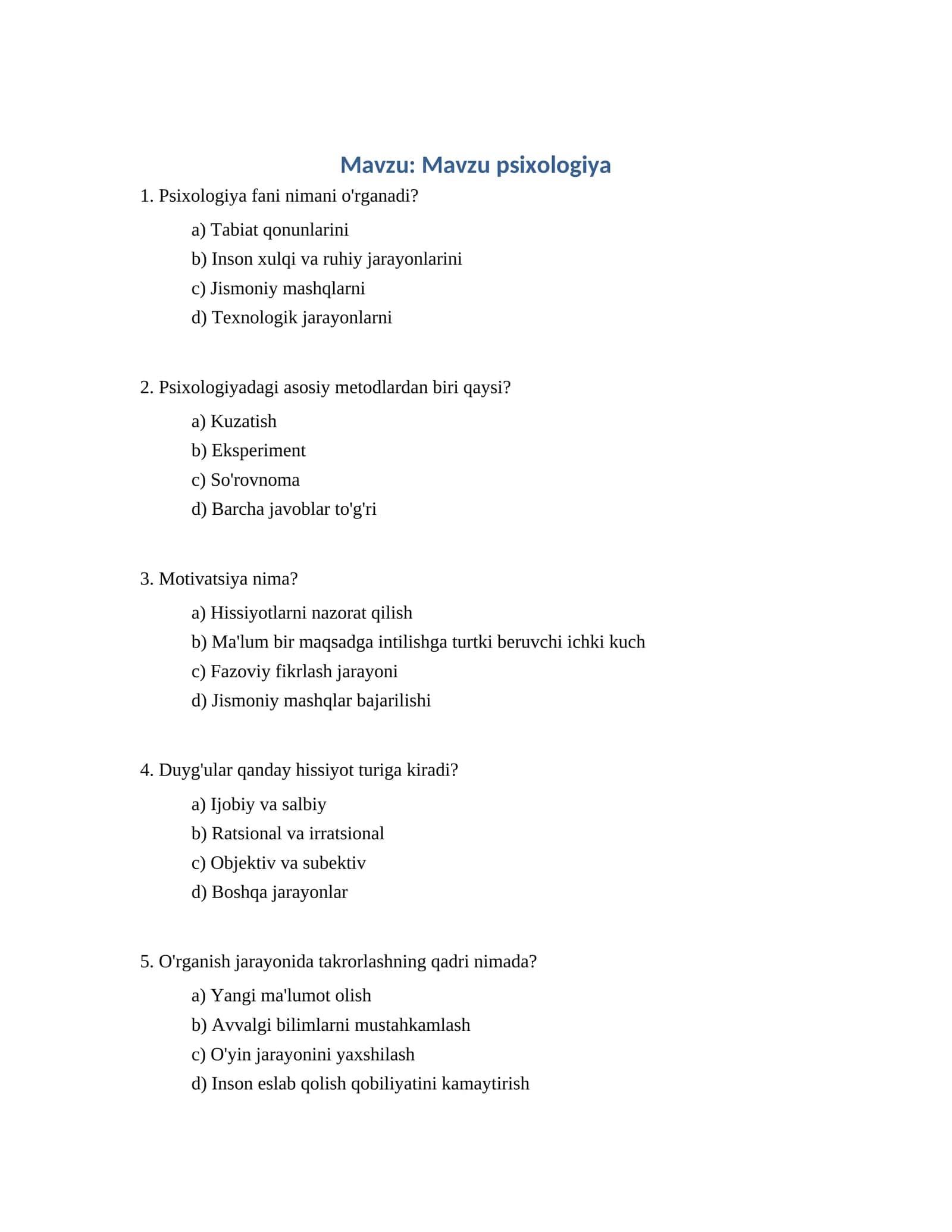 Psixologiya Test Savollari 1