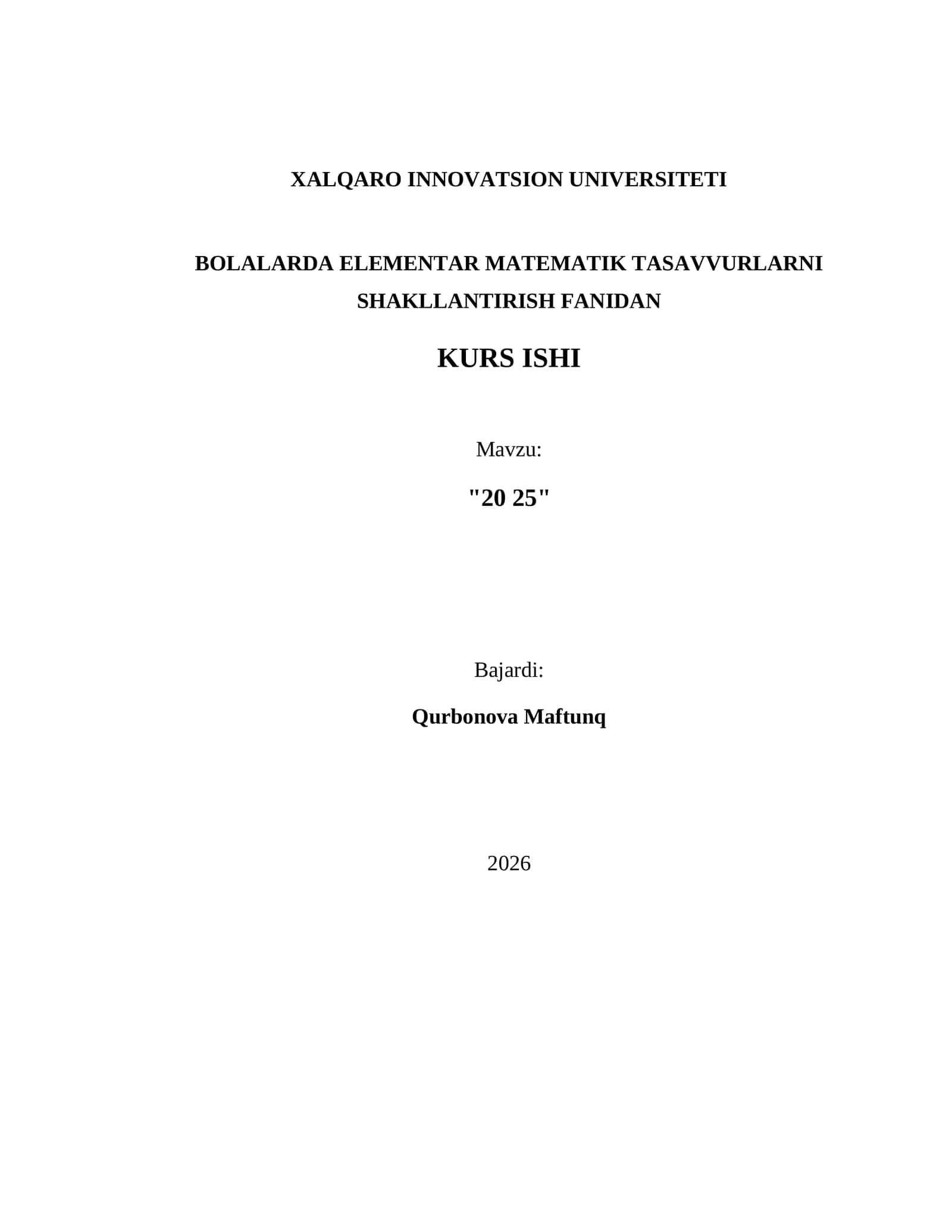 Bolalarda Elementar Matematik Tasavvurlarni Shakllantirish Fanidan Kurs Ishi 1