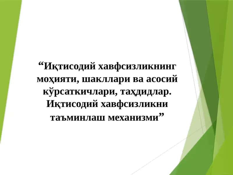 “Иқтисодий хавфсизликнинг моҳияти, шакллари ва асосий кўрсаткичлари, таҳдидлар. Иқтисодий хавфсизликни таъминлаш механизми” 1