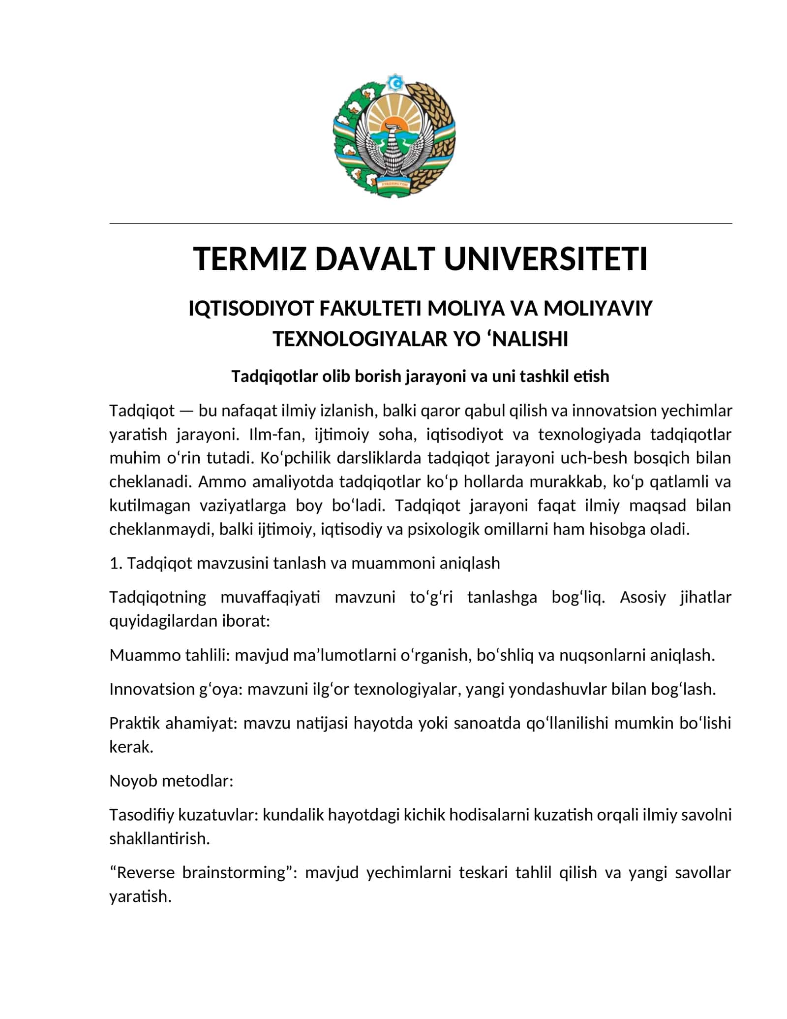 Tadqiqotlar olib borish jarayoni va uni tashkil etish 1