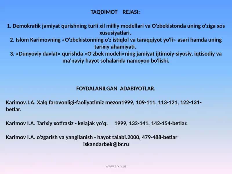 O'zbekistonning o'z istiqlol va taraqqiyot yo'li 1