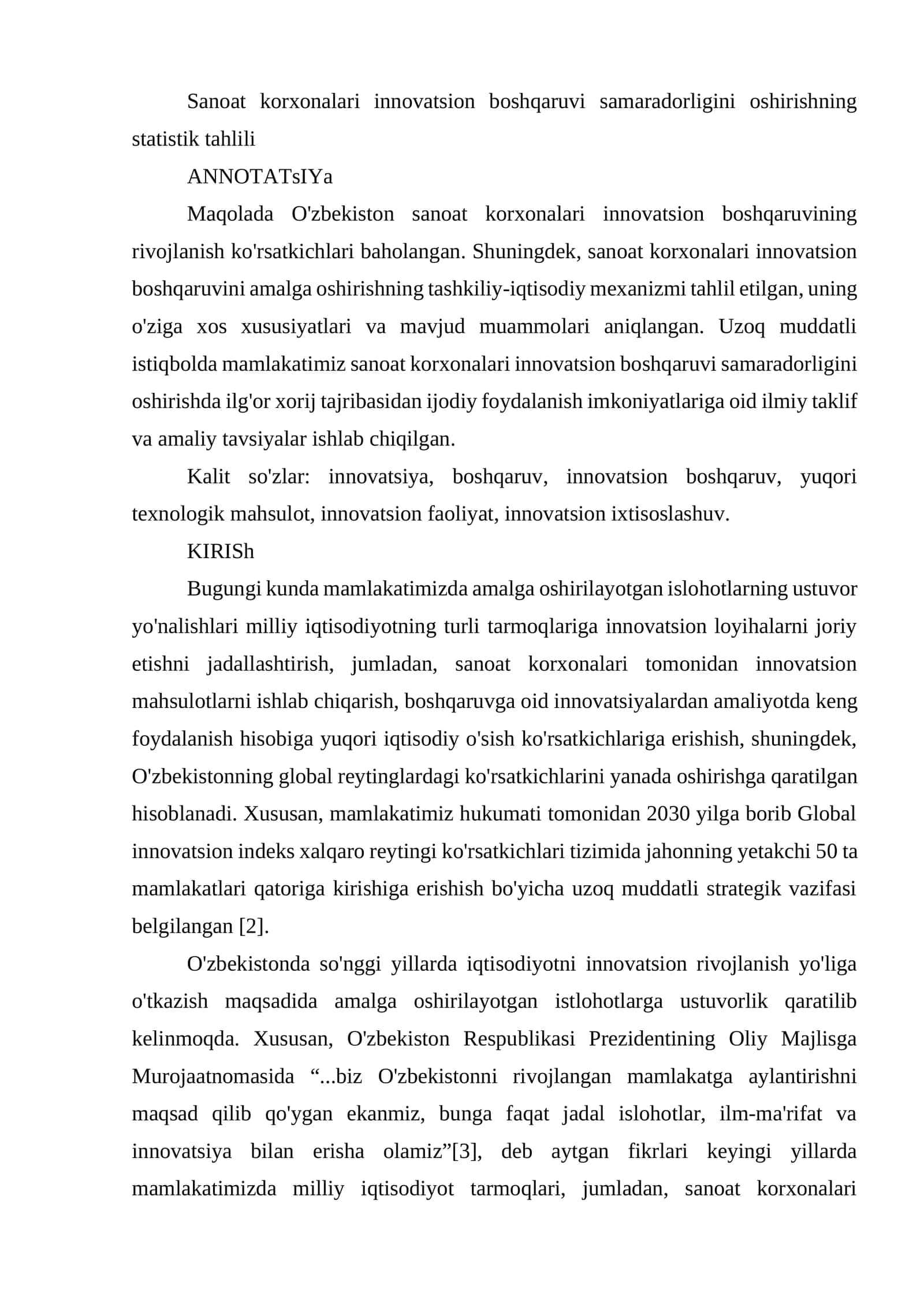 Sanoat korxonalari innovatsion boshqaruvi samaradorligini oshirishning statistik tahlili 1