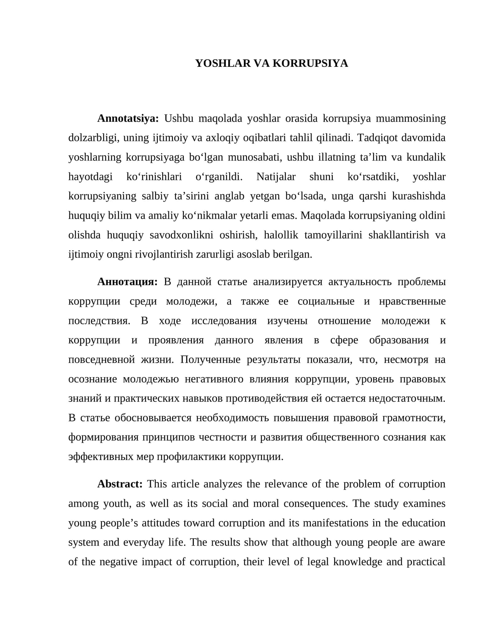 YOSHLAR VA KORRUPSIYA 1