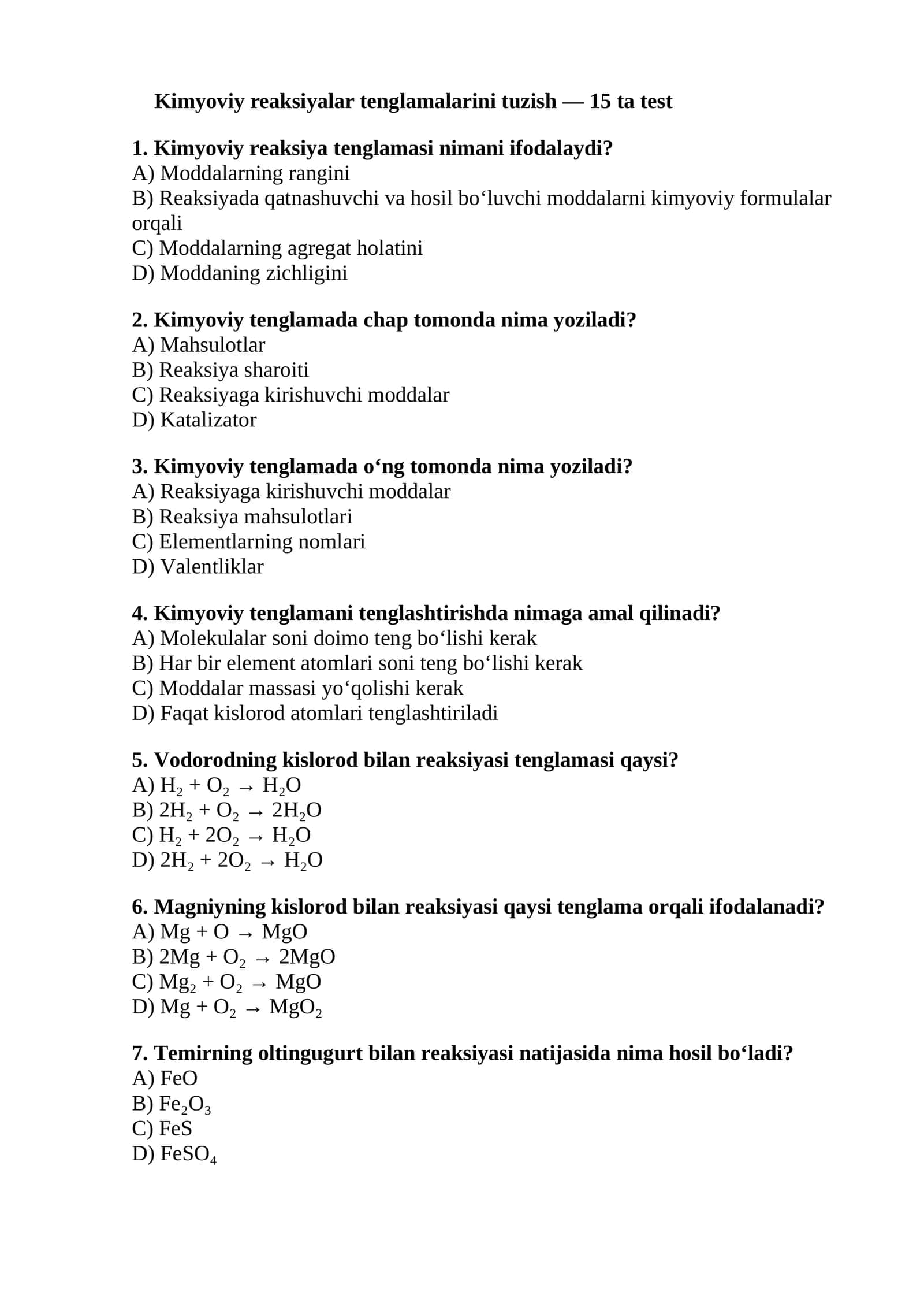 Kimyoviy reaksiyalar tenglamalarini tuzish 1