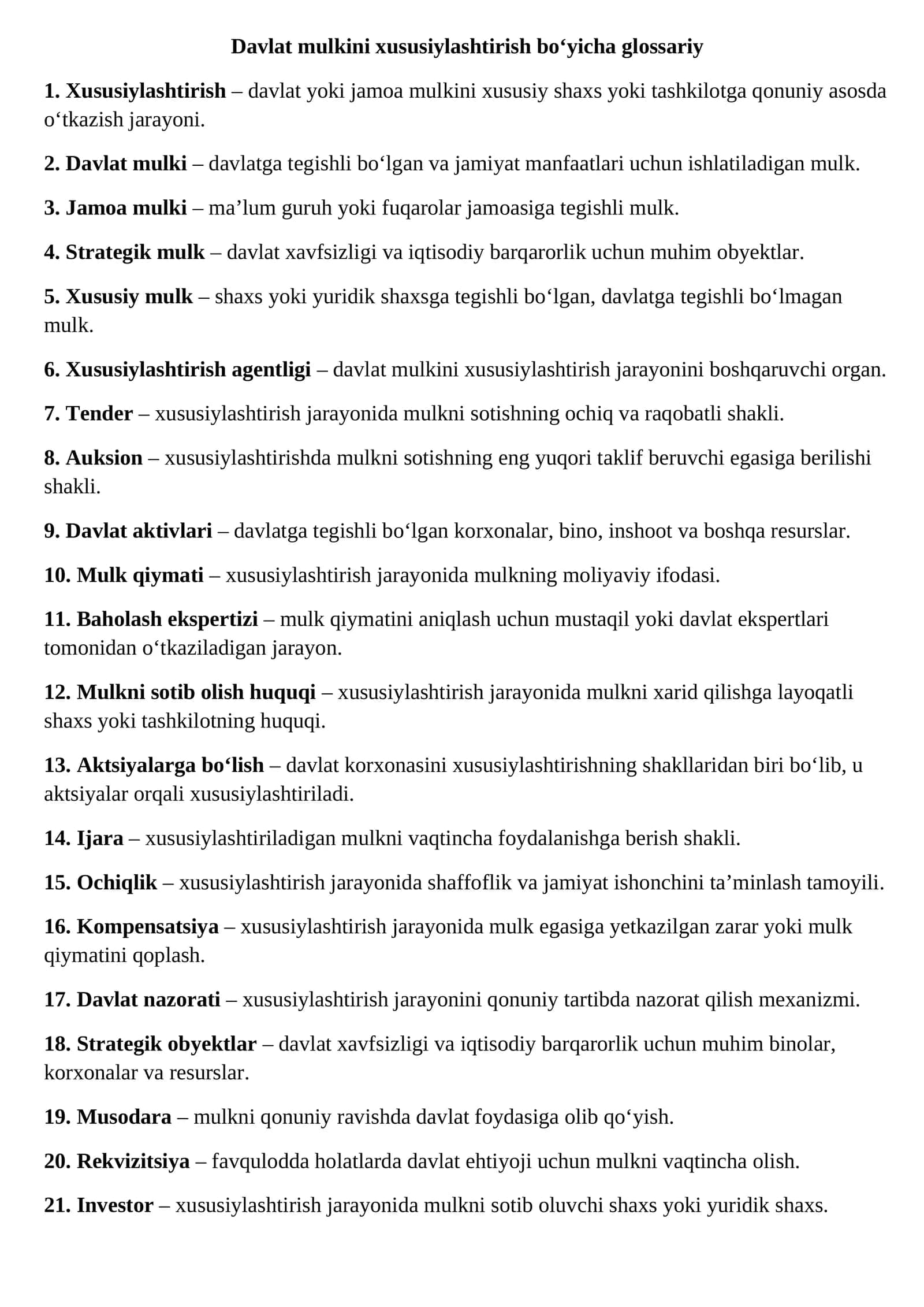 Davlat mulkini xususiylashtirish bo‘yicha glossariy 1