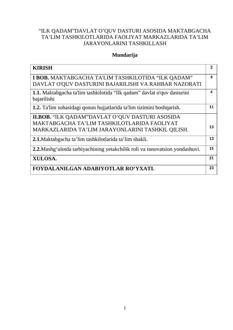 ILK QADAM"DAVLAT O’QUV DASTURI ASOSIDA MAKTABGACHA TA’LIM TASHKILOTLARIDA FAOLIYAT MARKAZLARIDA TA’LIM JARAYONLARINI TASHKILLASH 1