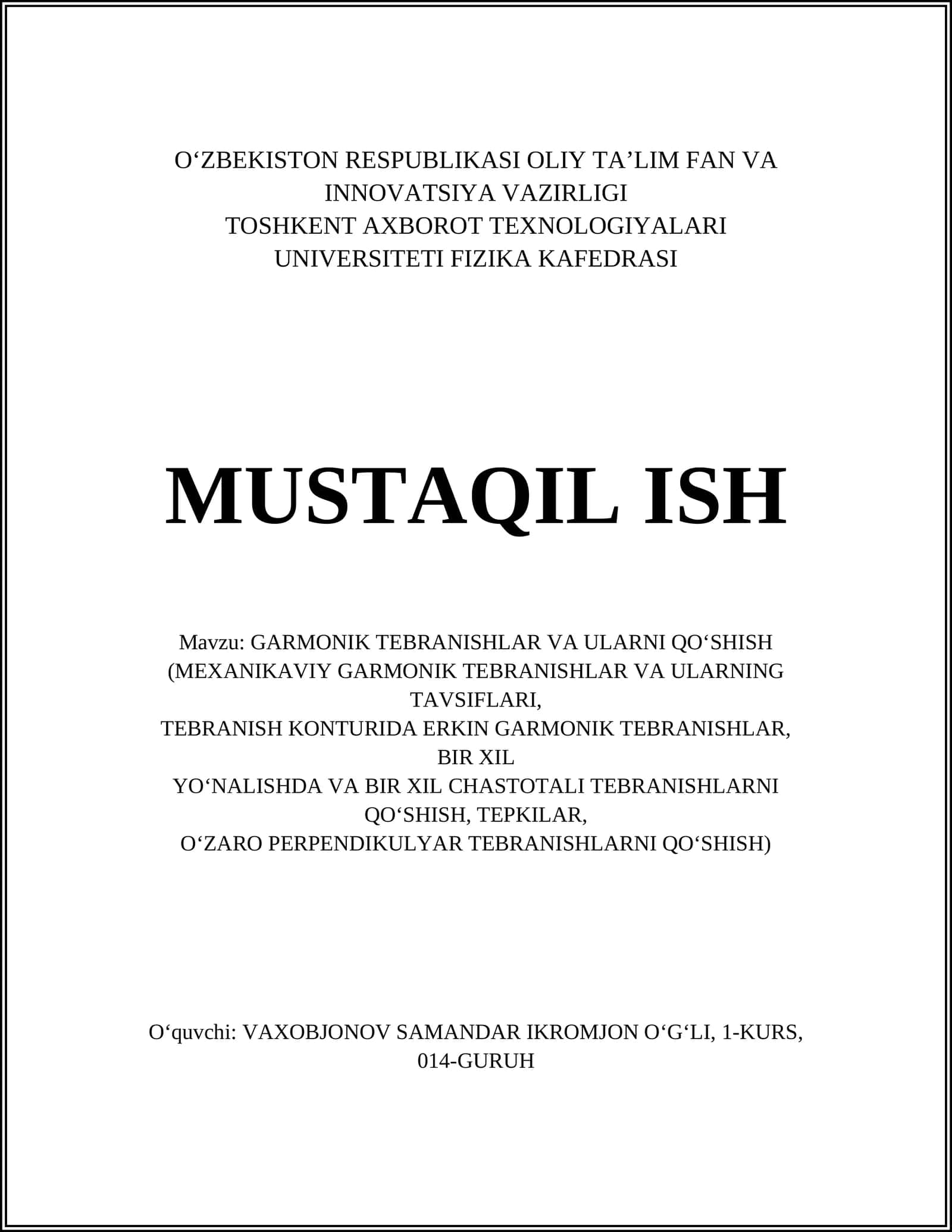GARMONIK TEBRANISHLAR VA ULARNI QO‘SHISH 1