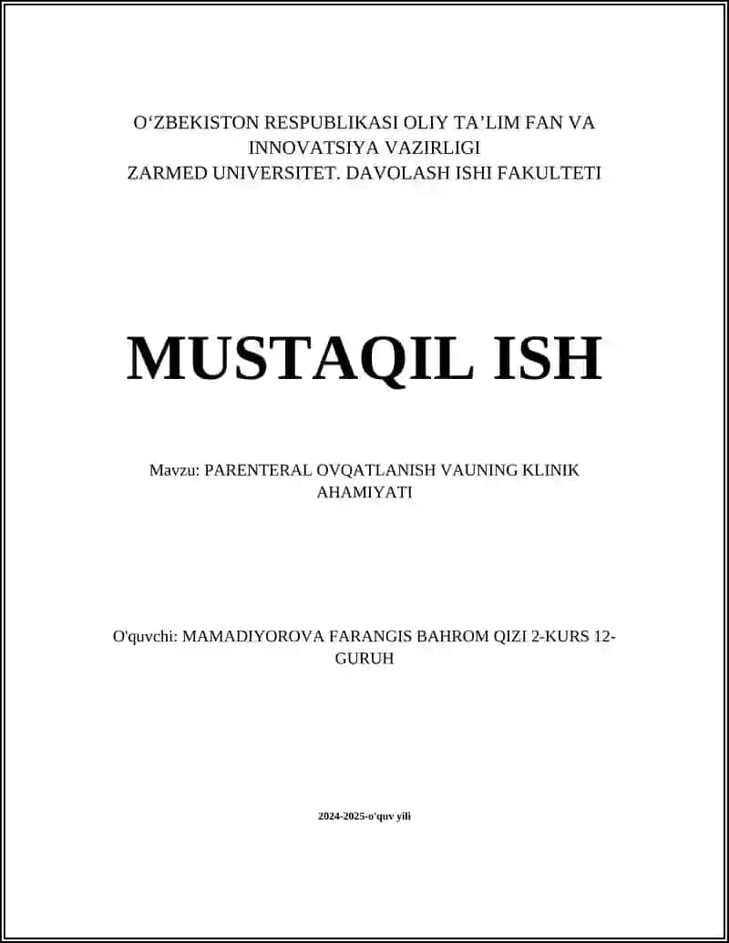 PARENTERAL OVQATLANISH VAUNING KLINIK AHAMIYATI