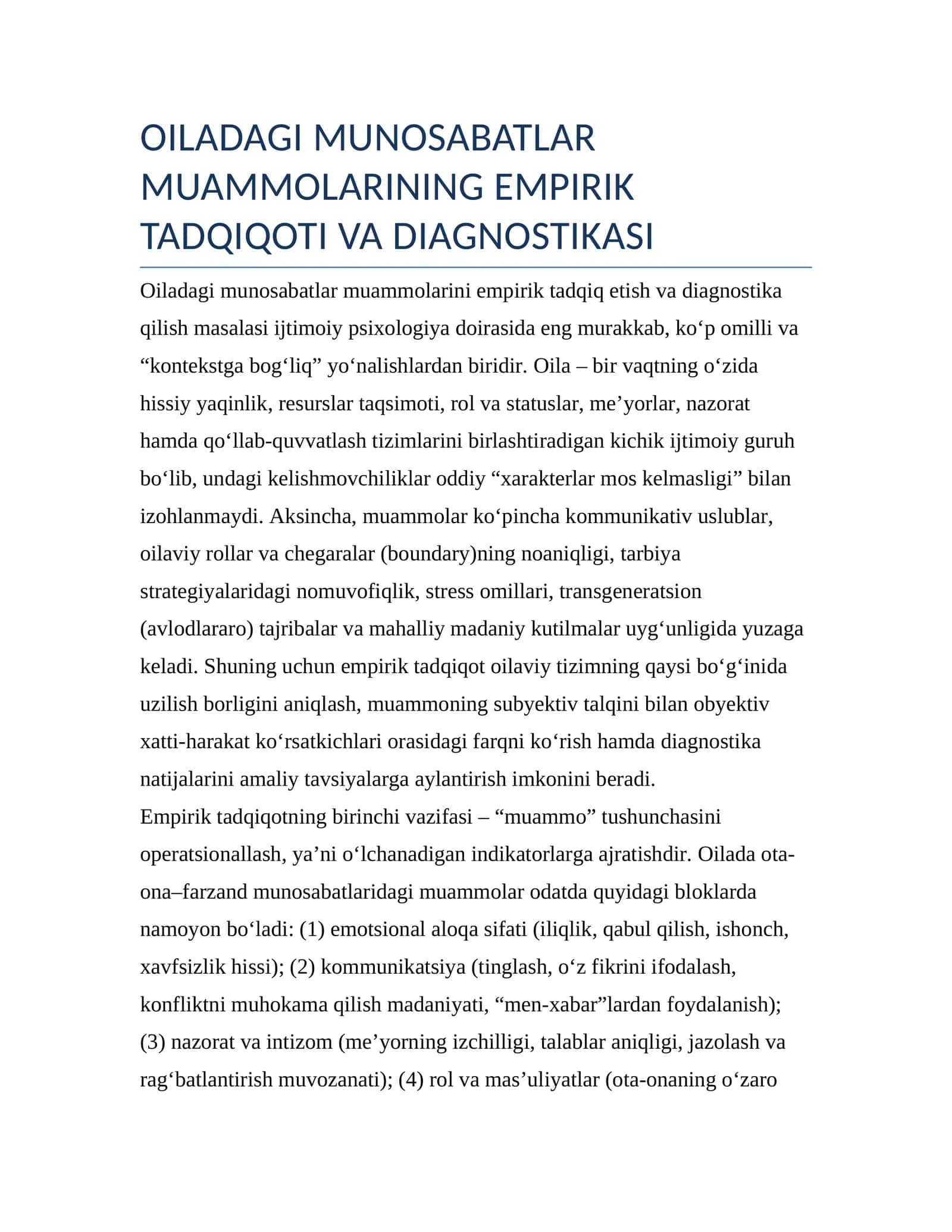 OILADAGI MUNOSABATLAR MUAMMOLARINING EMPIRIK TADQIQOTI VA DIAGNOSTIKASI 1