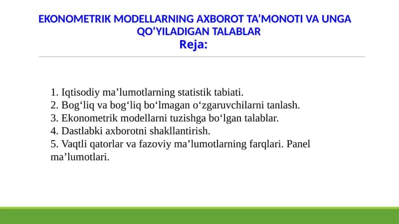 EKONOMETRIK MODELLARNING AXBOROT TA’MONI 1