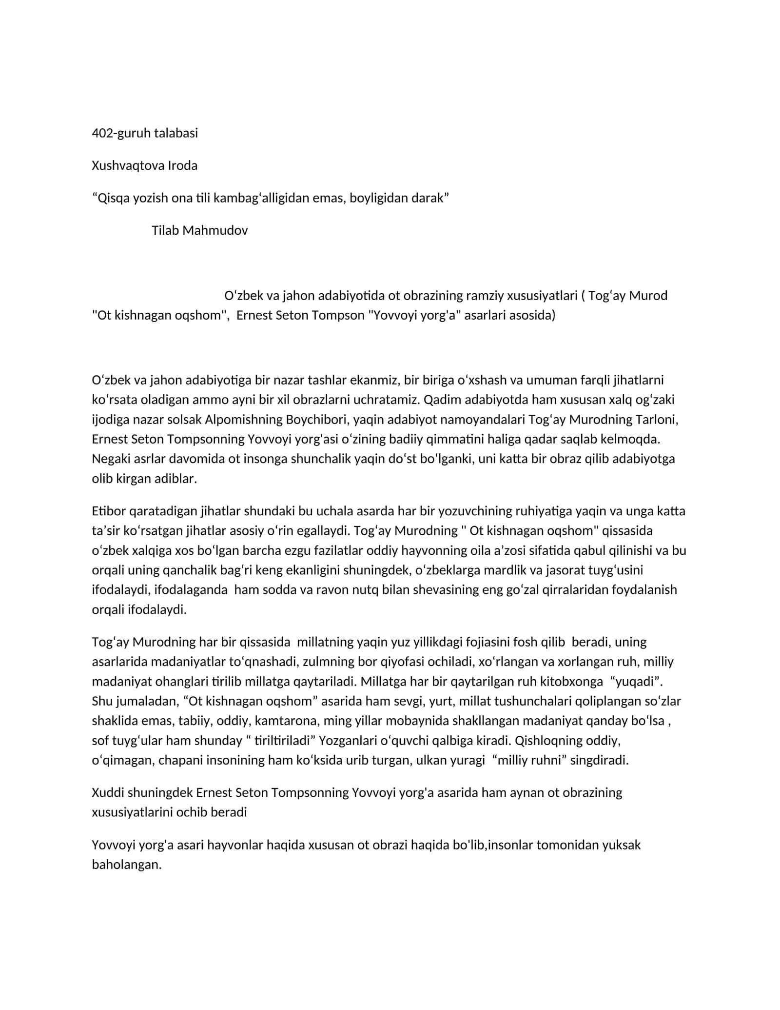 Oʻzbek va jahon adabiyotida ot obrazining ramziy xususiyatlari 1