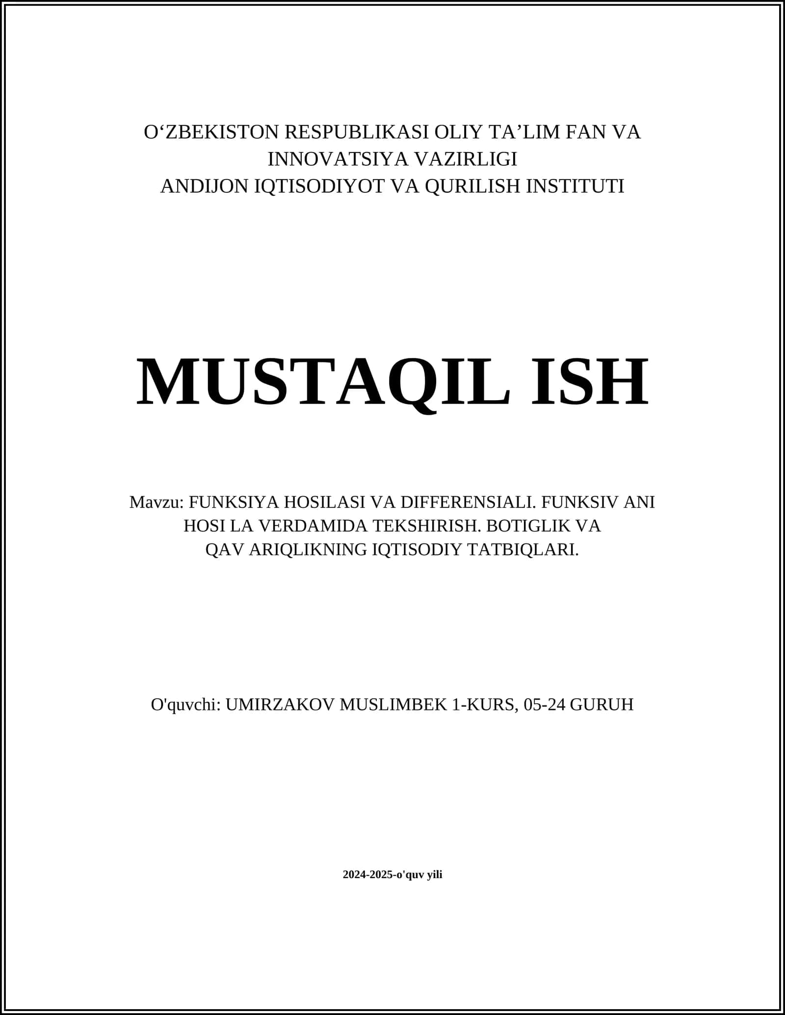 Mavzu: Funksiya Hosilasi va Differensiali. Funksiya Hosilasi va Differensial 1