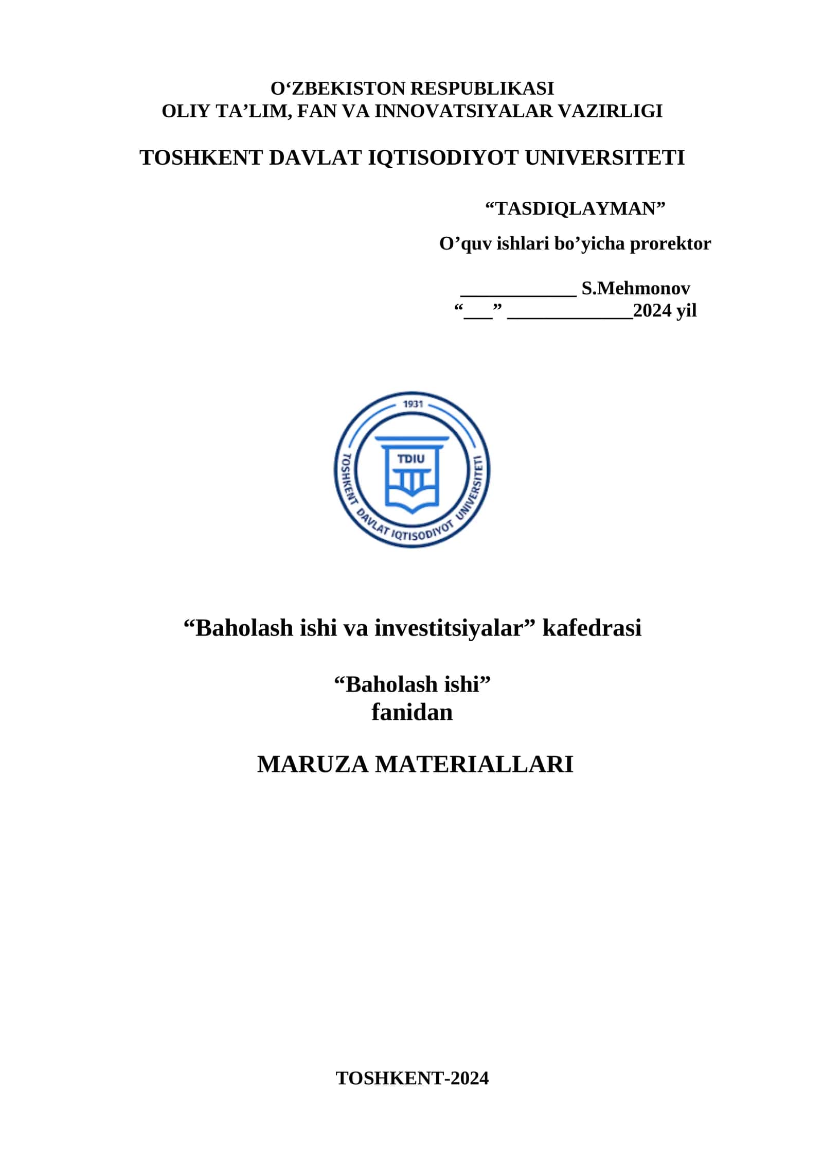 1-Mavzu. Mulk qiymatini baholash faoliyati tushunchasi va mazmuni 1