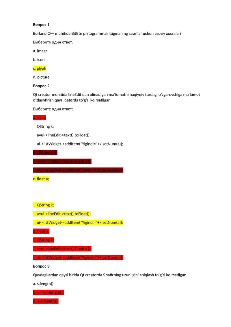 Borland C++ va Qt creator muhitida dasturlash bo'yicha savollar 1