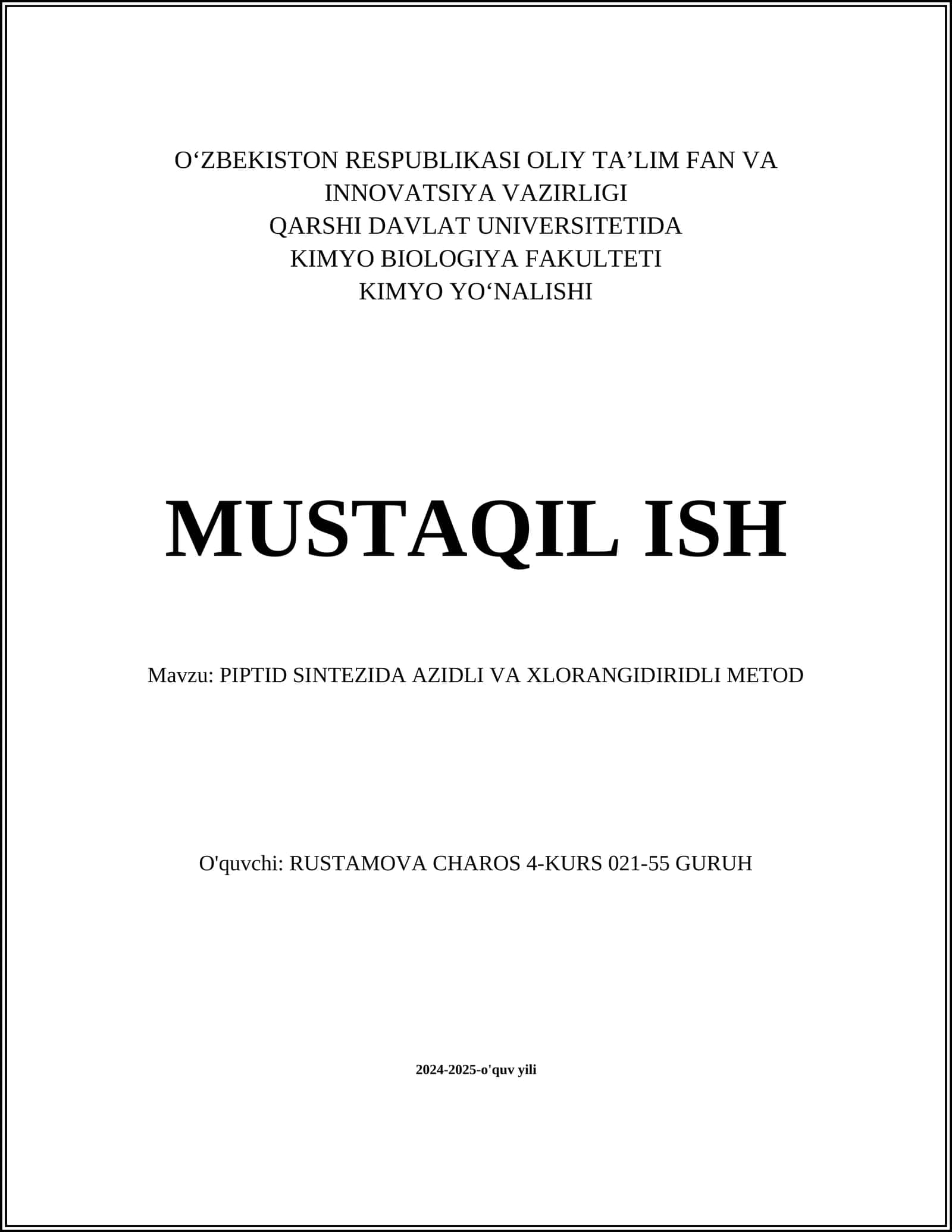 PIPTID SINTEZIDA AZIDLI VA XLORANGIDIRIDLI METOD 1