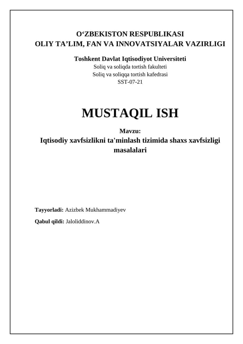 Iqtisodiy xavfsizlikni ta'minlash tizimida shaxs xavfsizligi masalalari 1