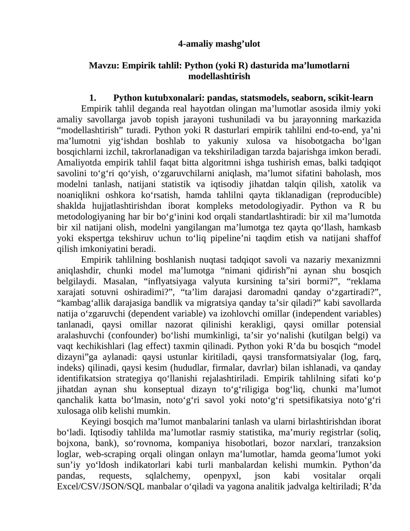 Empirik tahlil: Python (yoki R) dasturida ma’lumotlarni modellashtirish 1