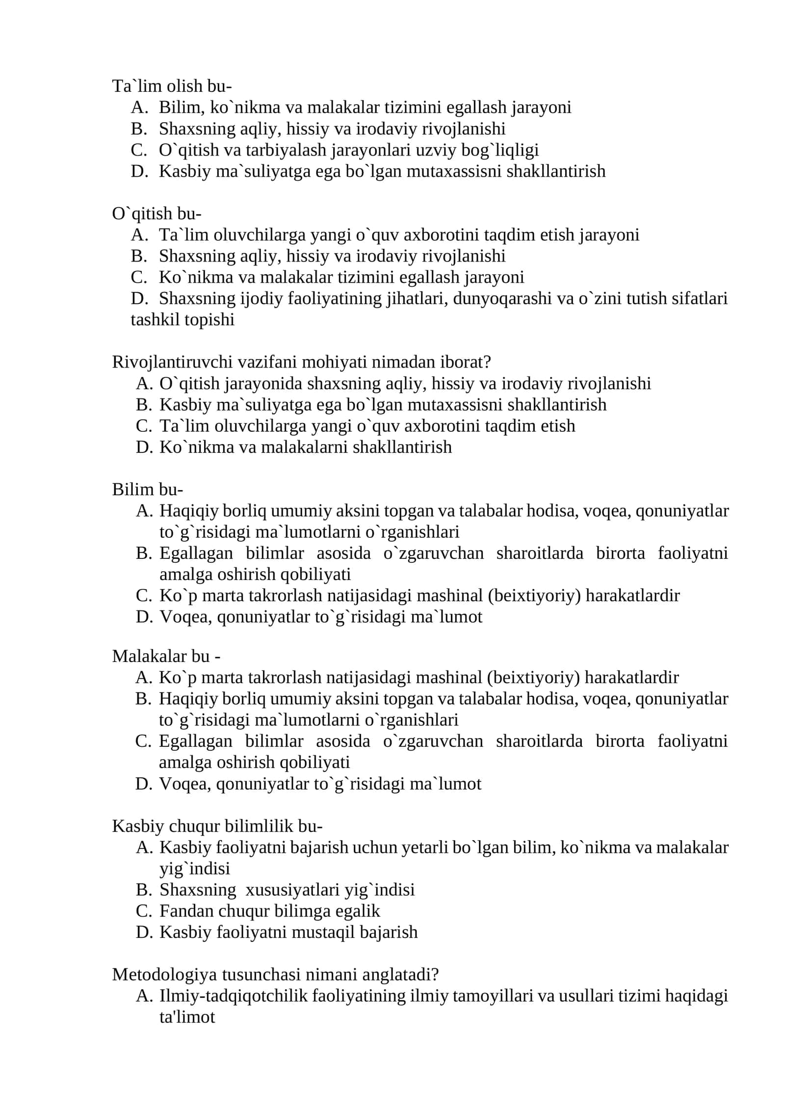 Ta'lim nazariyasi va metodologiyasi asoslari testlar 1