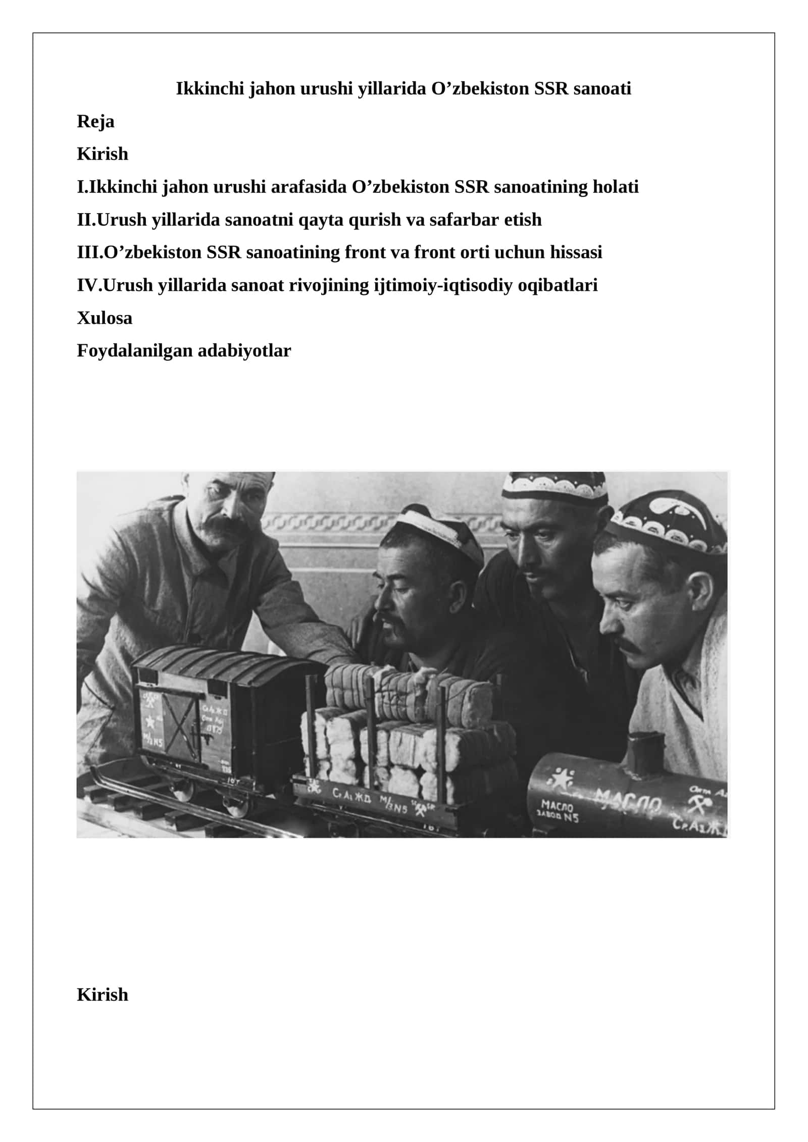 Ikkinchi Jahon Urushi Yillarida O’zbekiston SSR Sanoati 1