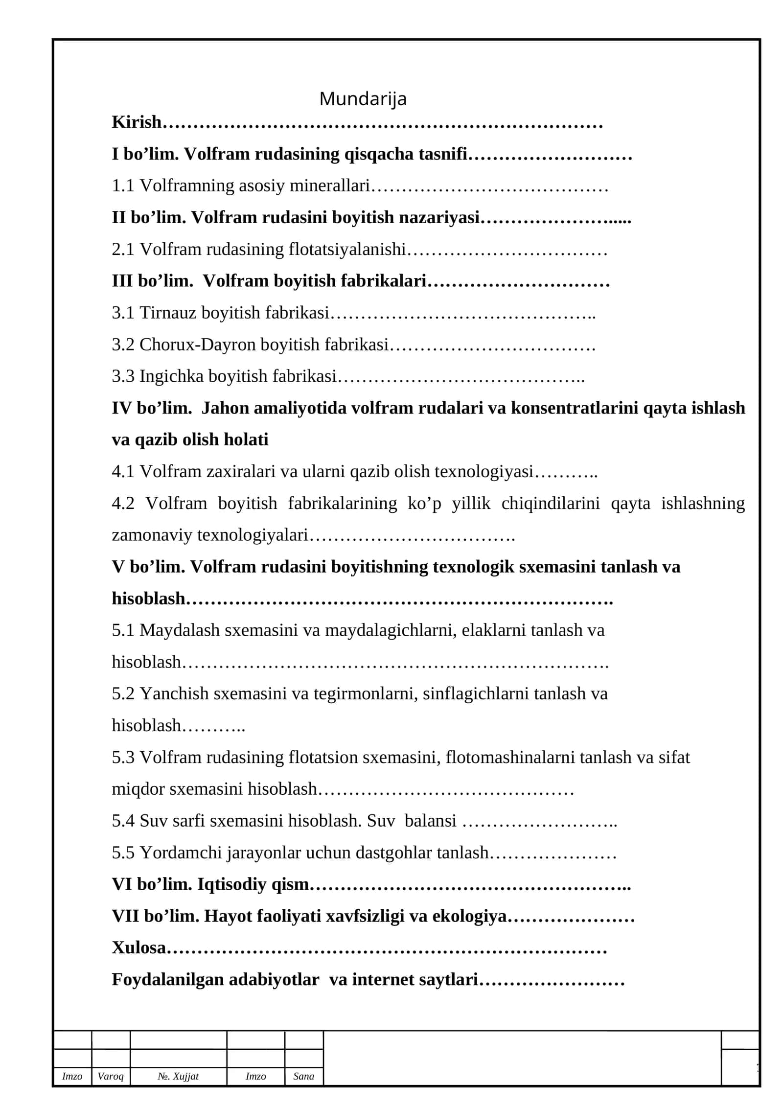 Volfram rudasini boyitishning texnologik sxemasini tanlash va hisoblash 1